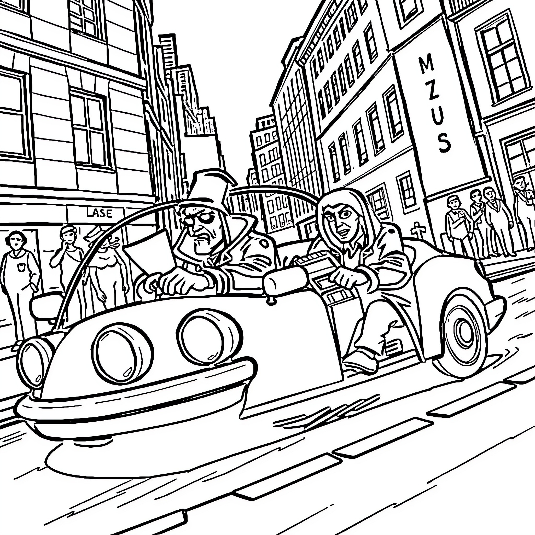Badguys in a high-speed car chase on the city streets Coloring Page (free black-and-white line drawing printable PDF for all, from beginners to advanced learners, including children, teens, adults, and seniors)