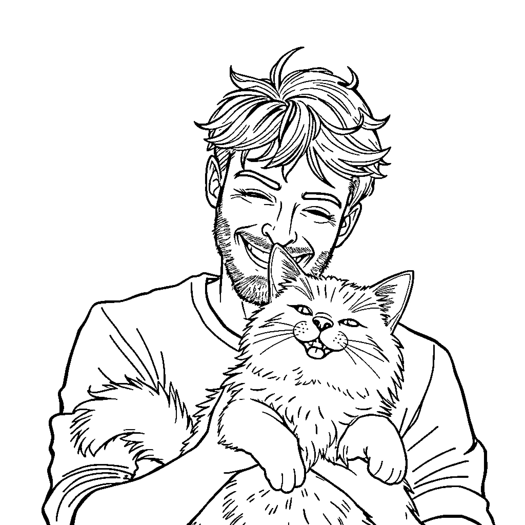 Man cuddling happy cat Coloring Page (free black-and-white line drawing printable PDF for all, from beginners to advanced learners, including children, teens, adults, and seniors)