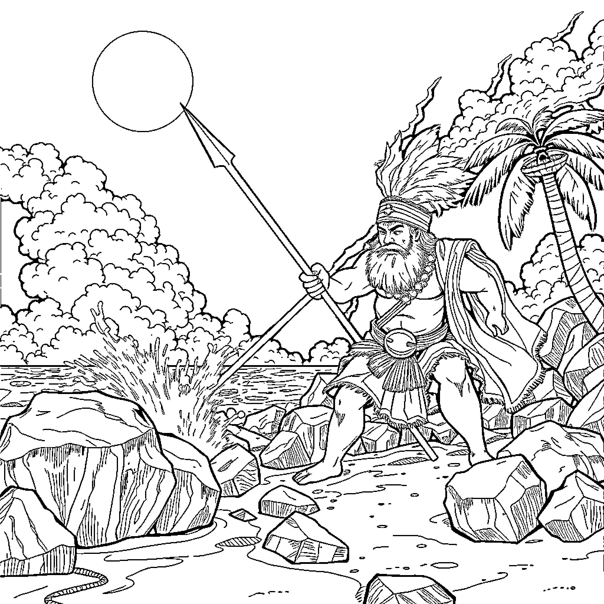 Lapu Lapu, the Warrior Chieftain Stands Tall in His Island Realm Coloring Page (free black-and-white line drawing printable PDF for all, from beginners to advanced learners, including children, teens, adults, and seniors)