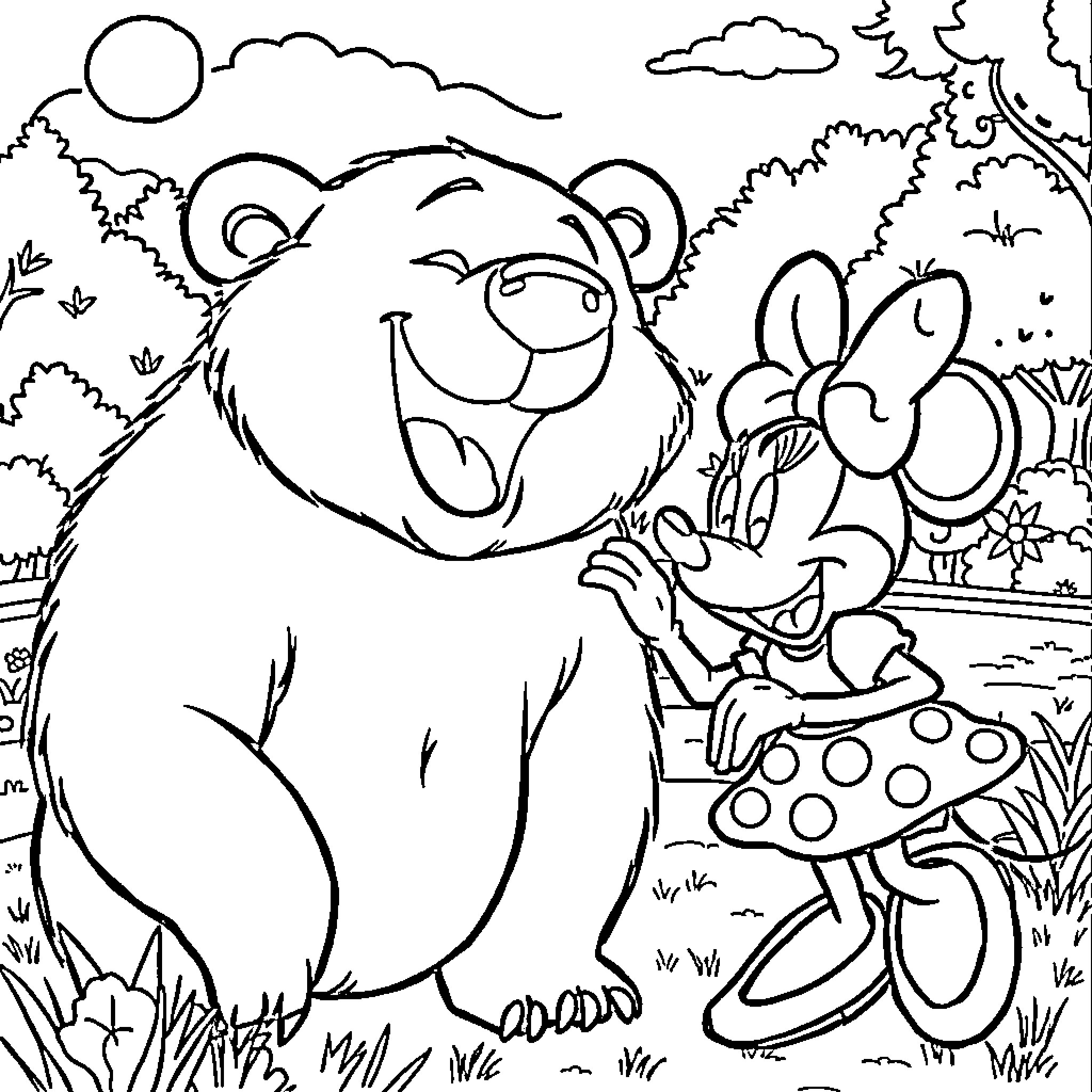 Grizzly Bear Enjoying Nature with Butterfly Friend Coloring Page (free black-and-white line drawing printable PDF for all, from beginners to advanced learners, including children, teens, adults, and seniors)