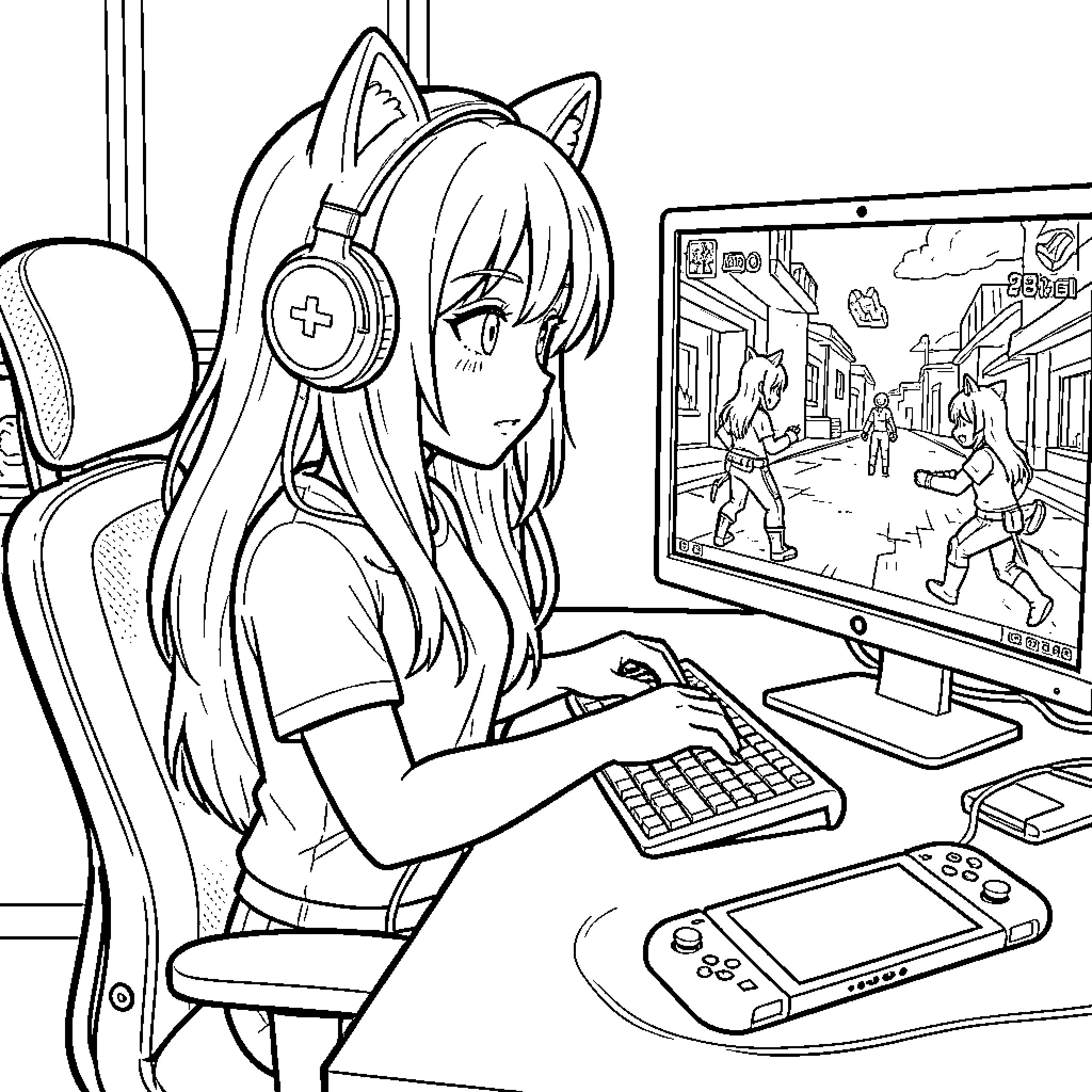Gamer Girl focused on playing a video game Coloring Page (free black-and-white line drawing printable PDF for all, from beginners to advanced learners, including children, teens, adults, and seniors)