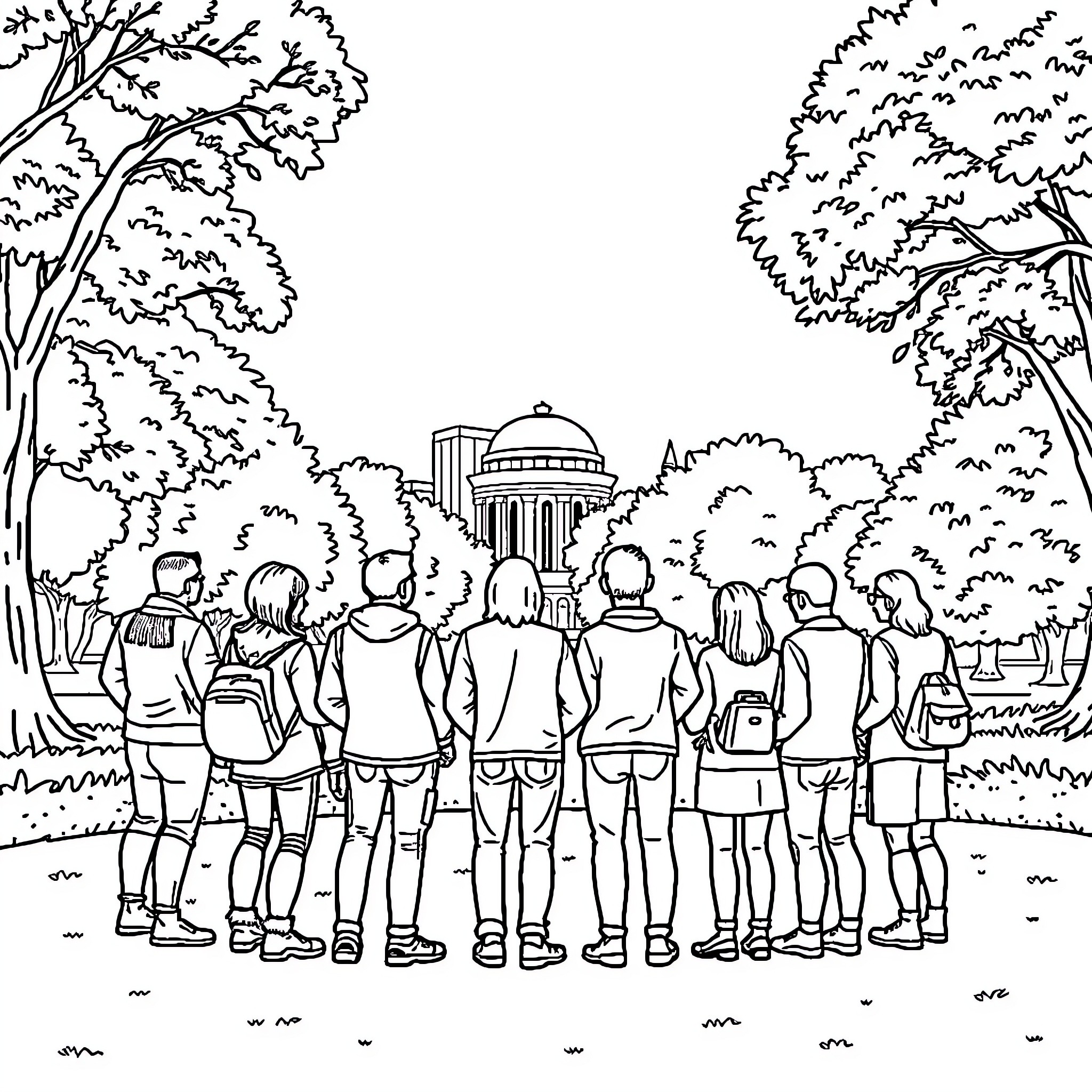 Person exploring nature in a park Coloring Page (free black-and-white line drawing printable PDF for all, from beginners to advanced learners, including children, teens, adults, and seniors)