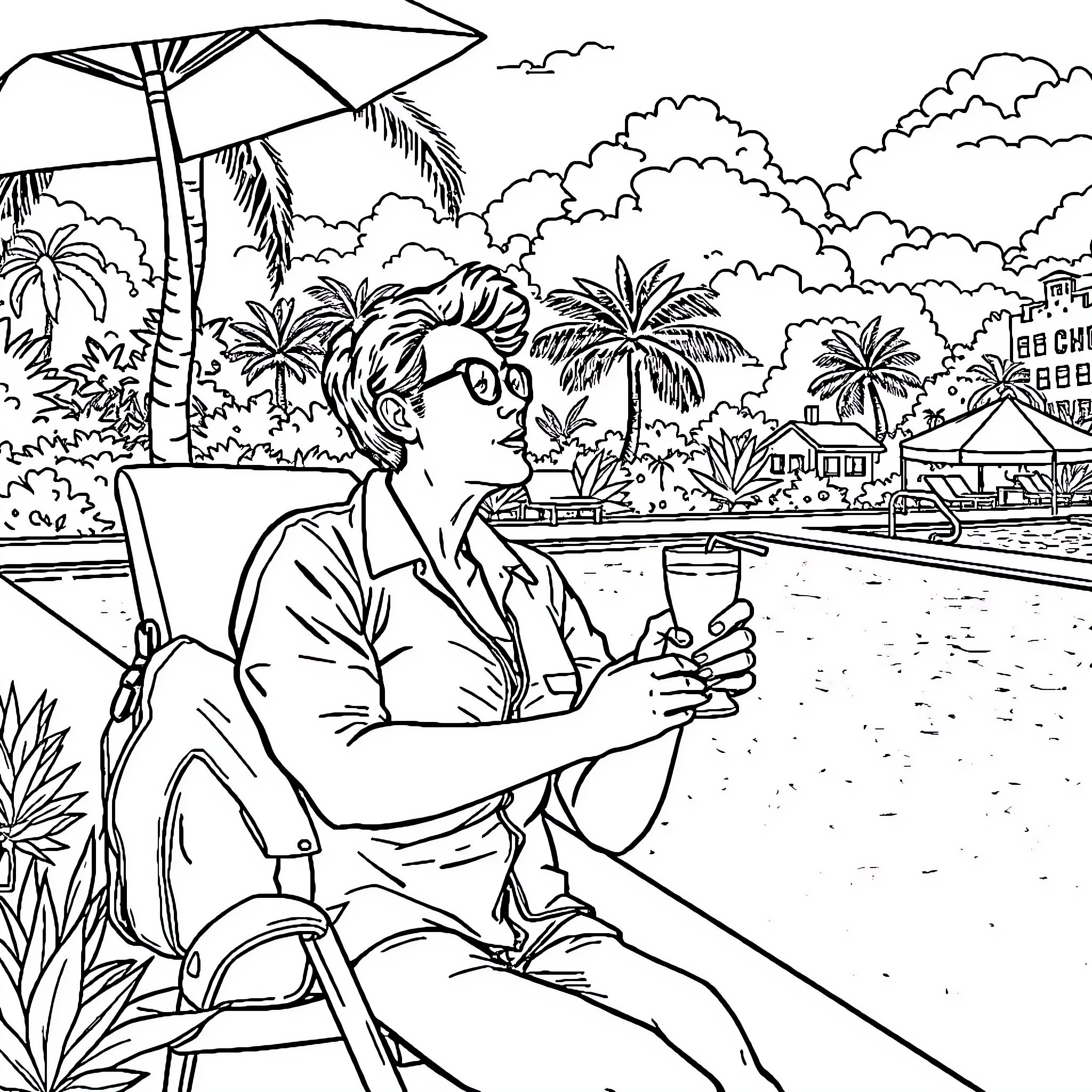 Teacher relaxing under palm trees near tropical pool Coloring Page (free black-and-white line drawing printable PDF for all, from beginners to advanced learners, including children, teens, adults, and seniors)