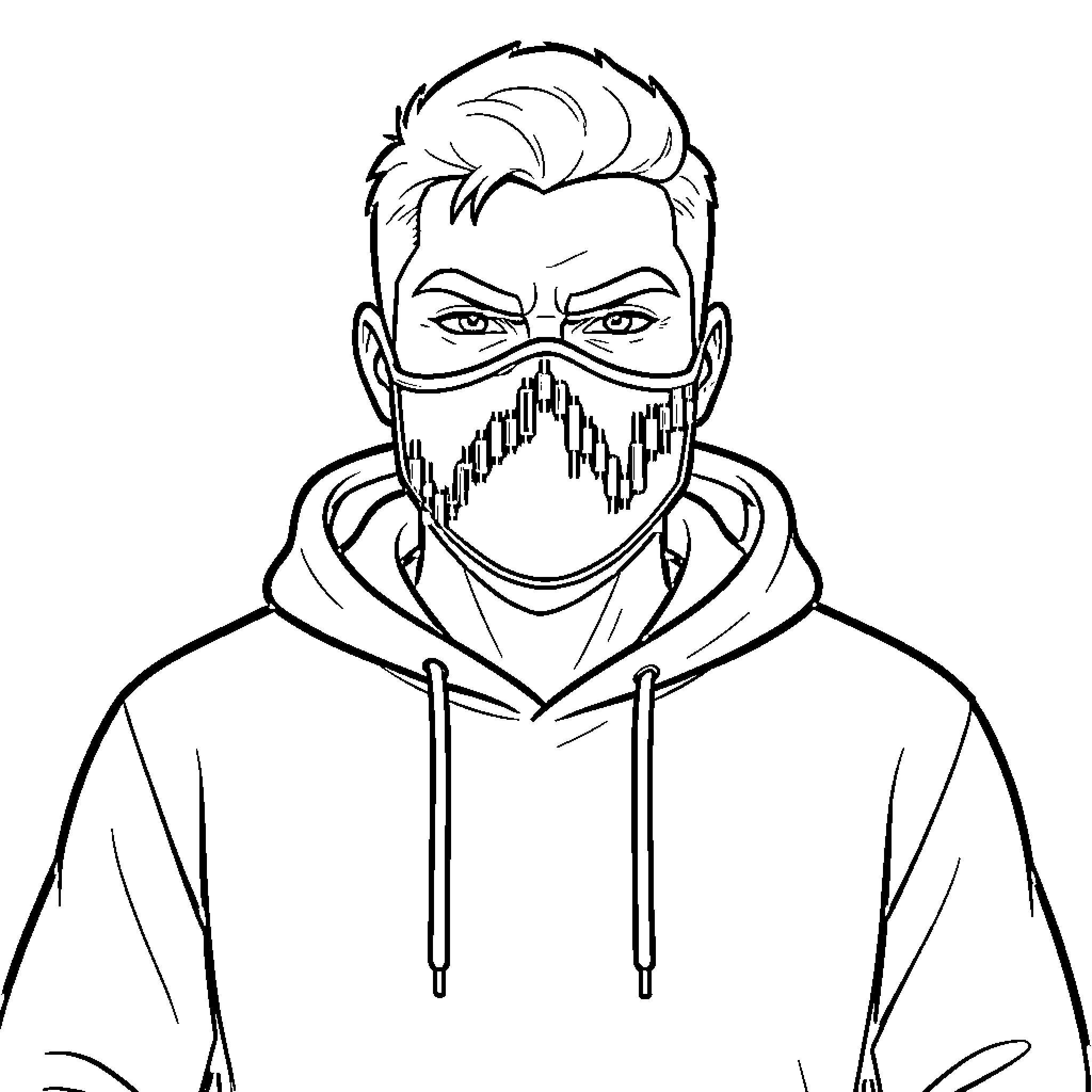 Trader wearing protective mask with market data Coloring Page (free black-and-white line drawing printable PDF for all, from beginners to advanced learners, including children, teens, adults, and seniors)
