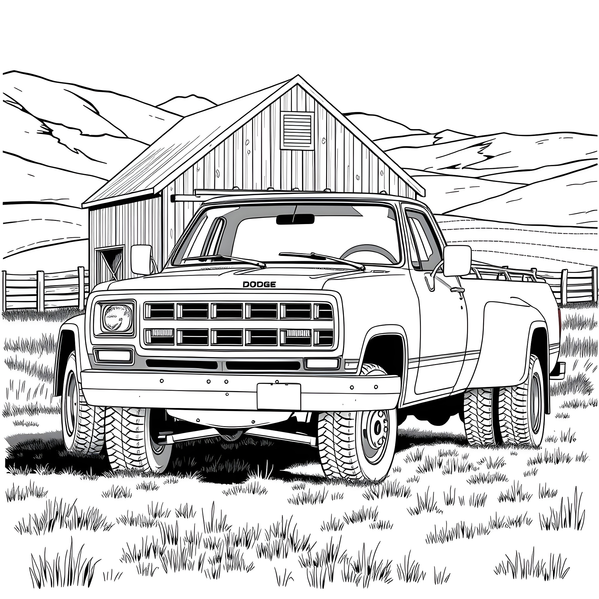 Dodge pickup truck parked in front of countryside barn Coloring Page (free black-and-white line drawing printable PDF for all, from beginners to advanced learners, including children, teens, adults, and seniors)