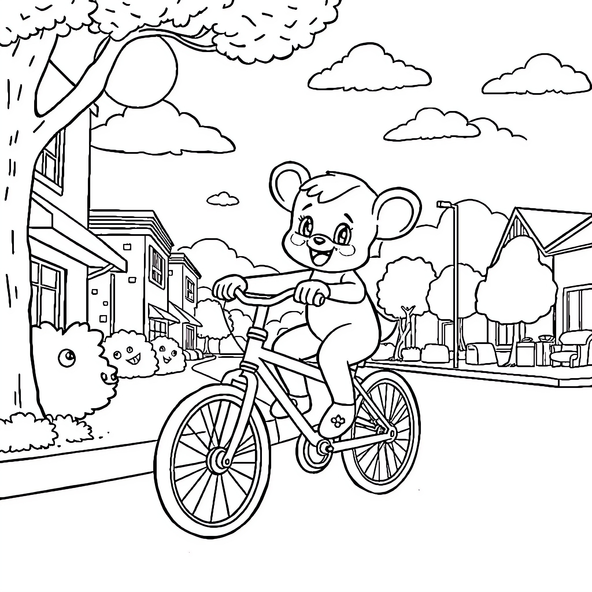 Labubu's Bike Adventure in the Town Coloring Page (free black-and-white line drawing printable PDF for all, from beginners to advanced learners, including children, teens, adults, and seniors)
