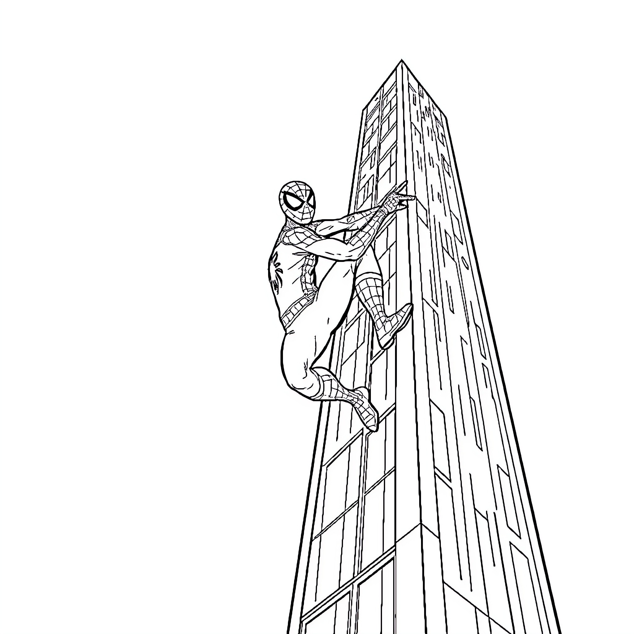 Spider hero scaling tall skyscraper Coloring Page (free black-and-white line drawing printable PDF for all, from beginners to advanced learners, including children, teens, adults, and seniors)