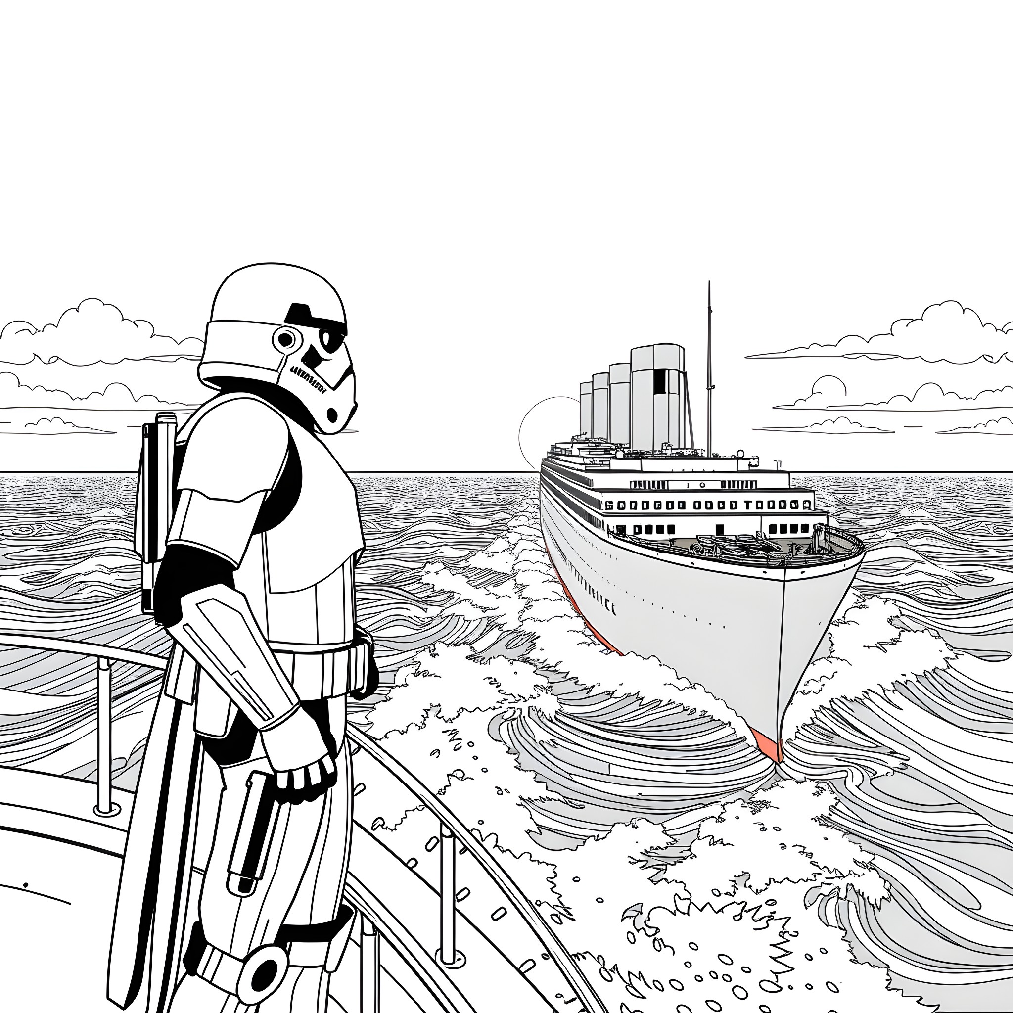 Stormtrooper surveying the ocean with a cruise ship in the distance Coloring Page (free black-and-white line drawing printable PDF for all, from beginners to advanced learners, including children, teens, adults, and seniors)