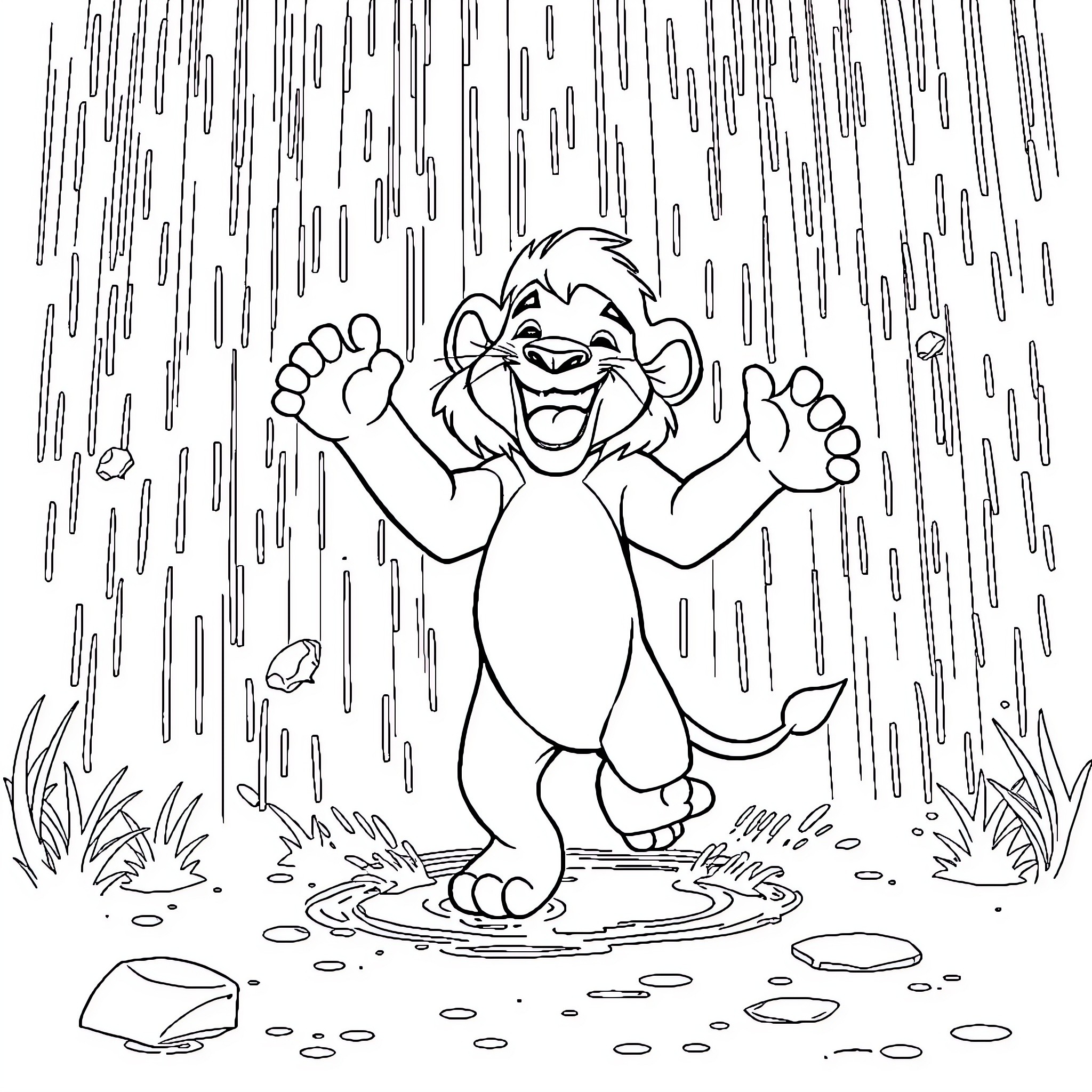 Lion King character dancing joyfully in the rain Coloring Page (free black-and-white line drawing printable PDF for all, from beginners to advanced learners, including children, teens, adults, and seniors)