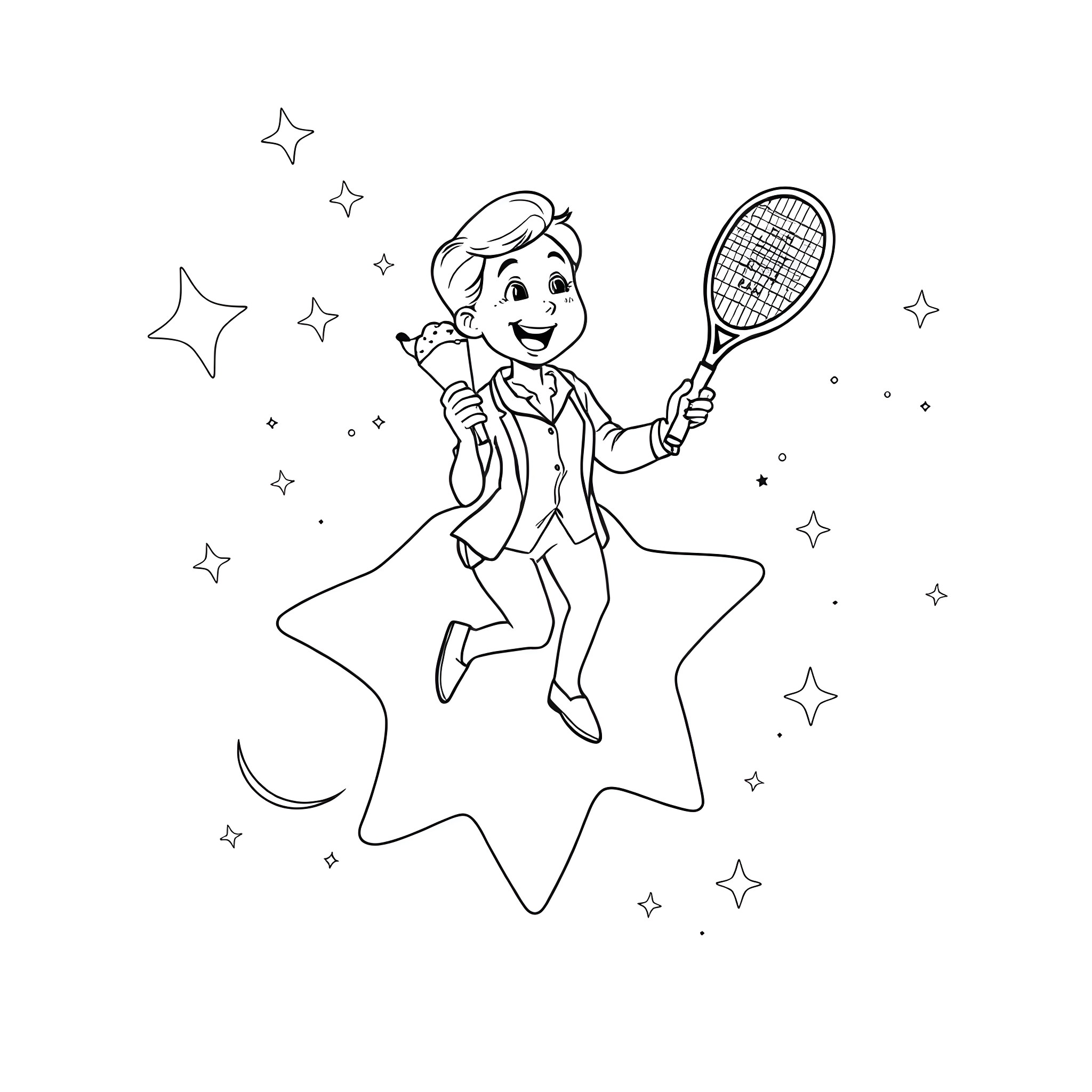 Teacher playing happily with a tennis racket Coloring Page (free black-and-white line drawing printable PDF for all, from beginners to advanced learners, including children, teens, adults, and seniors)