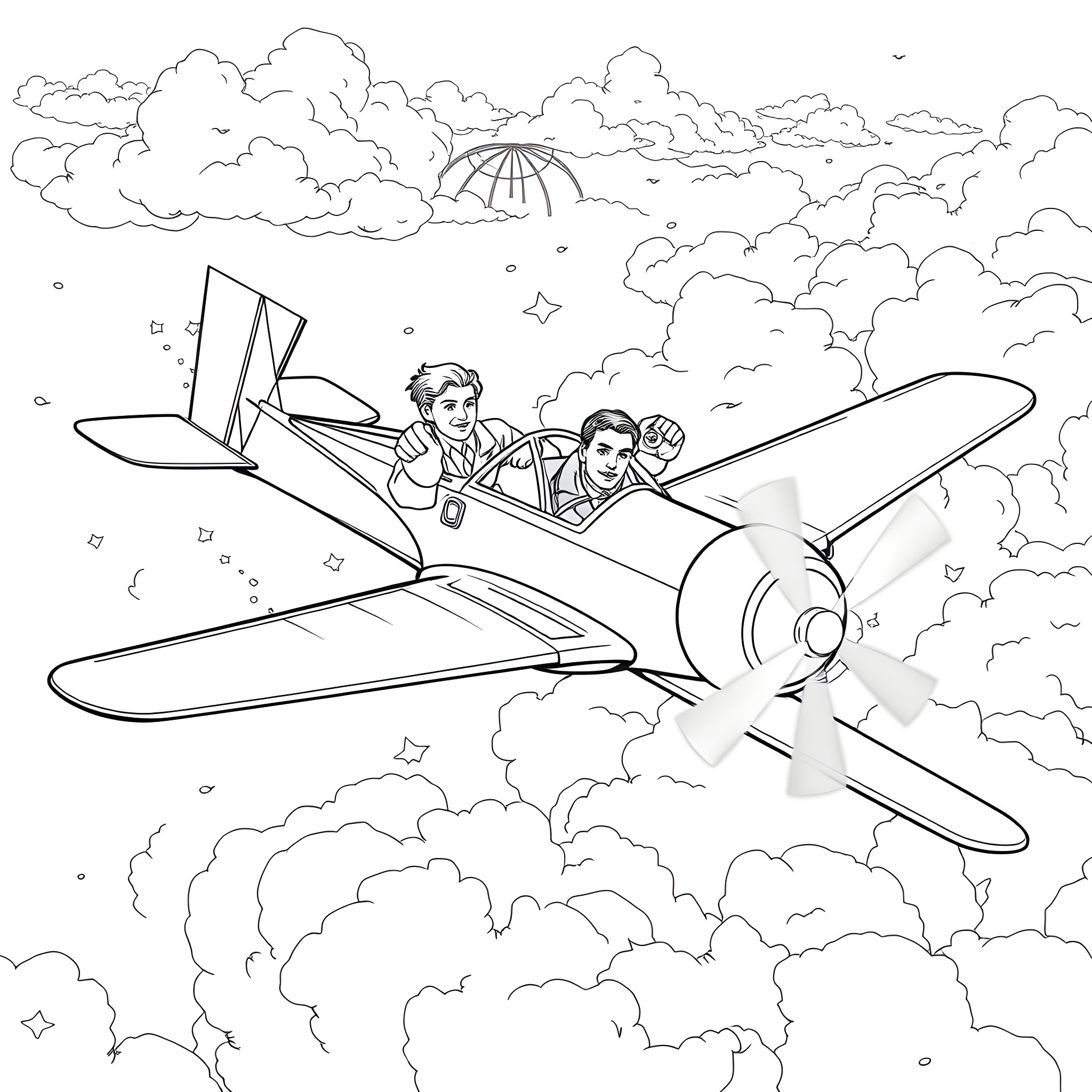 Wright Brothers' flight in a biplane over the clouds Coloring Page (free black-and-white line drawing printable PDF for all, from beginners to advanced learners, including children, teens, adults, and seniors)