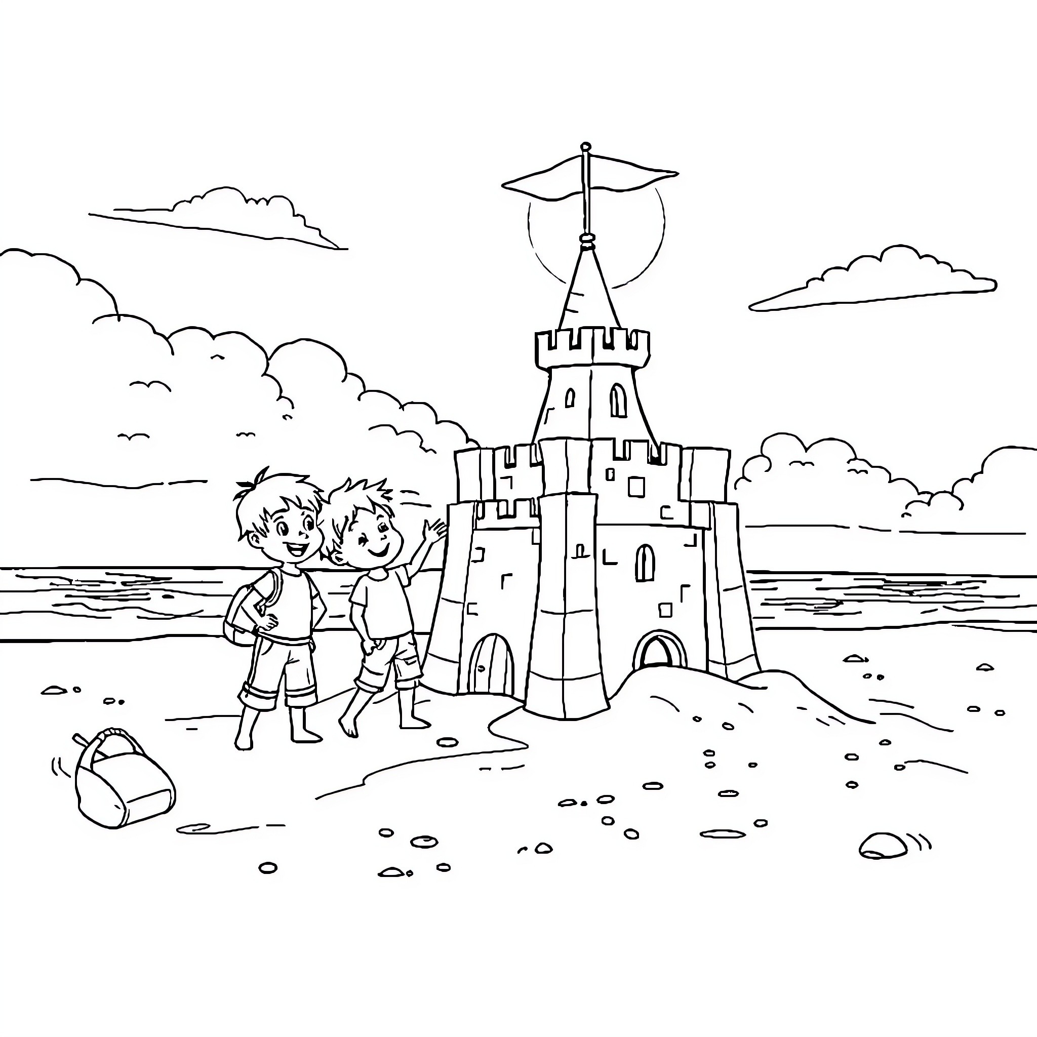 Child building sand castle with friend on beach Coloring Page (free black-and-white line drawing printable PDF for all, from beginners to advanced learners, including children, teens, adults, and seniors)
