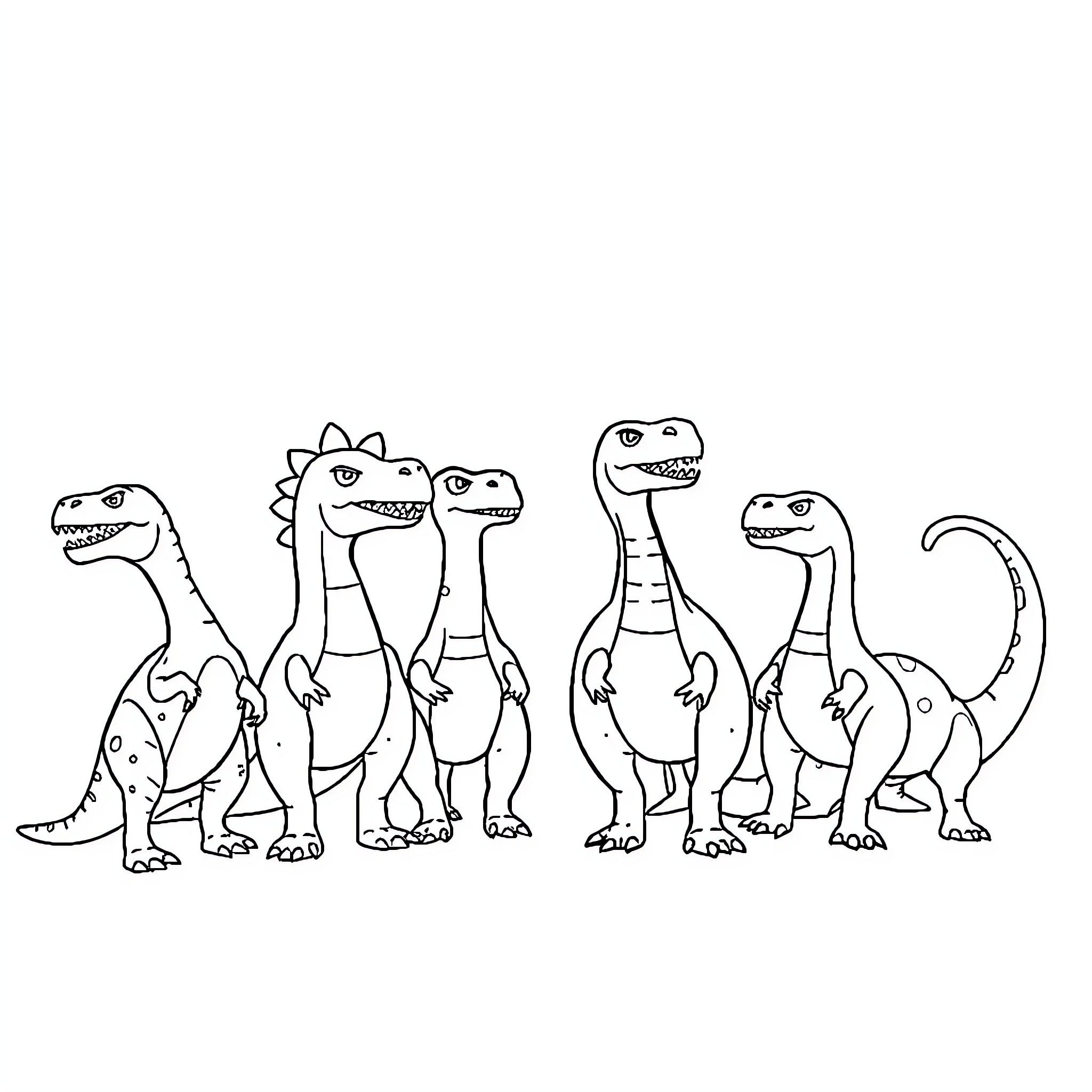 Dinosaurs in various poses and expressions Coloring Page (free black-and-white line drawing printable PDF for all, from beginners to advanced learners, including children, teens, adults, and seniors)