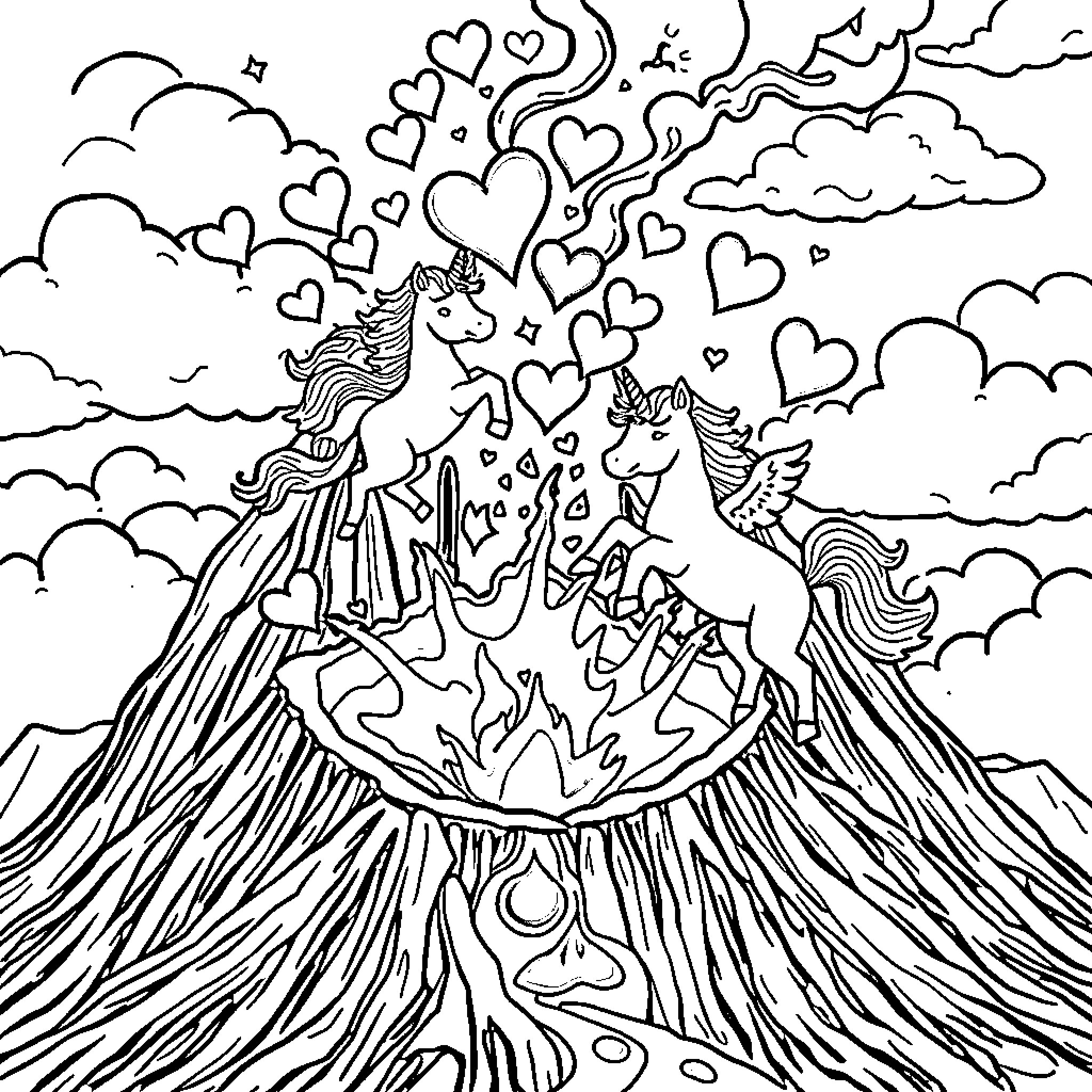 Heart-Shaped Fantasy with Magical Unicorns Coloring Page (free black-and-white line drawing printable PDF for all, from beginners to advanced learners, including children, teens, adults, and seniors)