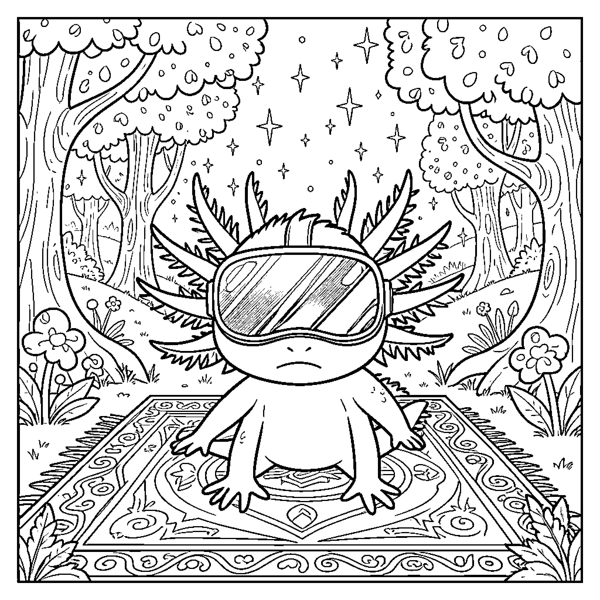 Axolotl Gazing Whimsically in Enchanted Forest Coloring Page (free black-and-white line drawing printable PDF for all, from beginners to advanced learners, including children, teens, adults, and seniors)
