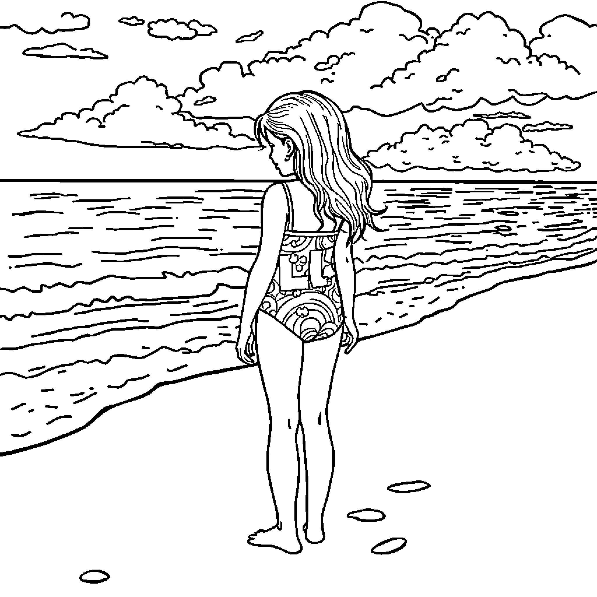 Girl in swimsuit walking on the beach Coloring Page (free black-and-white line drawing printable PDF for all, from beginners to advanced learners, including children, teens, adults, and seniors)