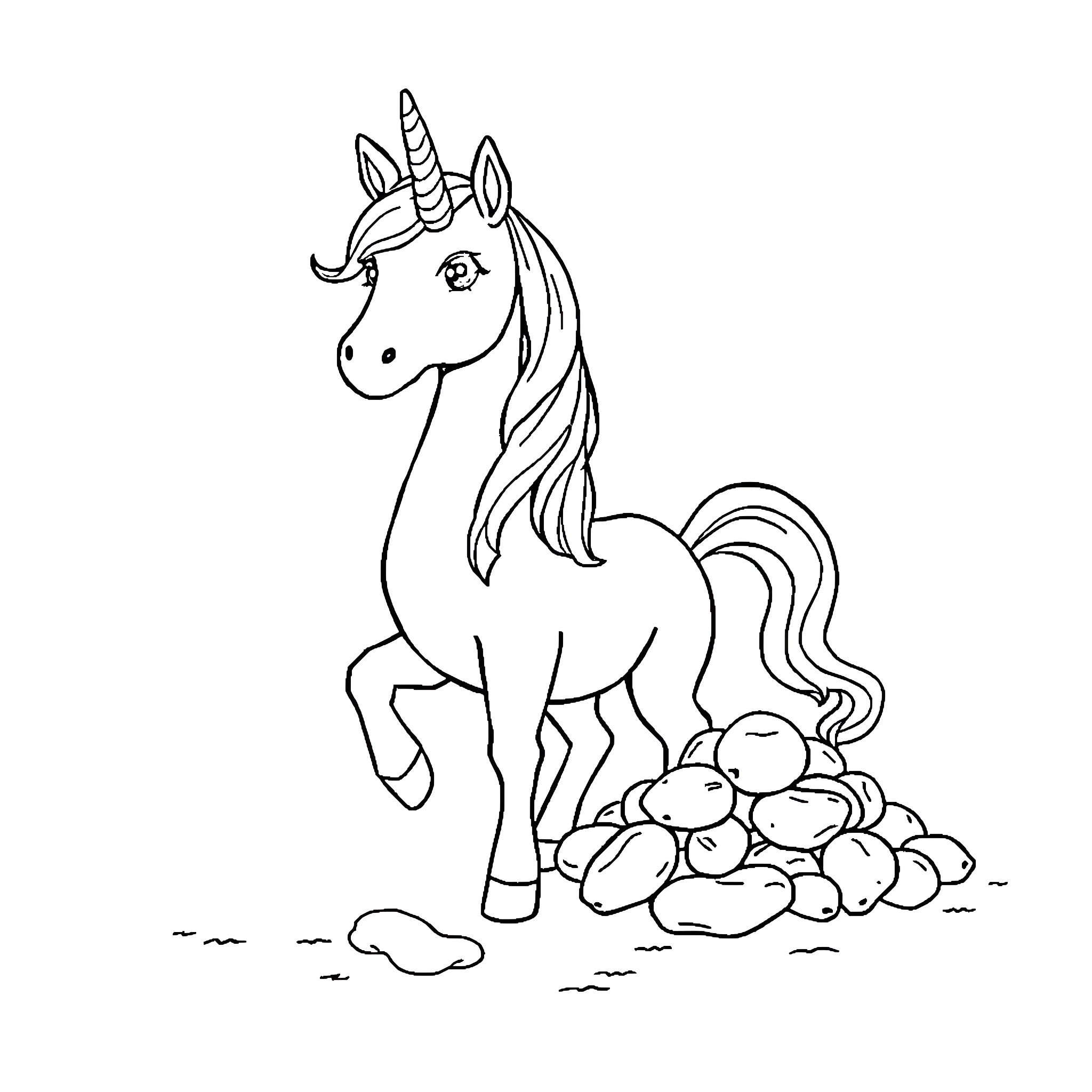 Unicorn standing proudly on rocky terrain Coloring Page (free black-and-white line drawing printable PDF for all, from beginners to advanced learners, including children, teens, adults, and seniors)