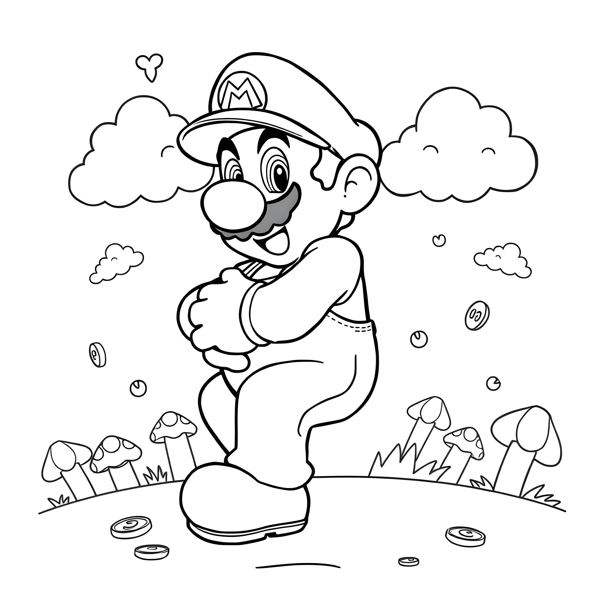 Mario jumping happily in a whimsical landscape Coloring Page (free black-and-white line drawing printable PDF for all, from beginners to advanced learners, including children, teens, adults, and seniors)