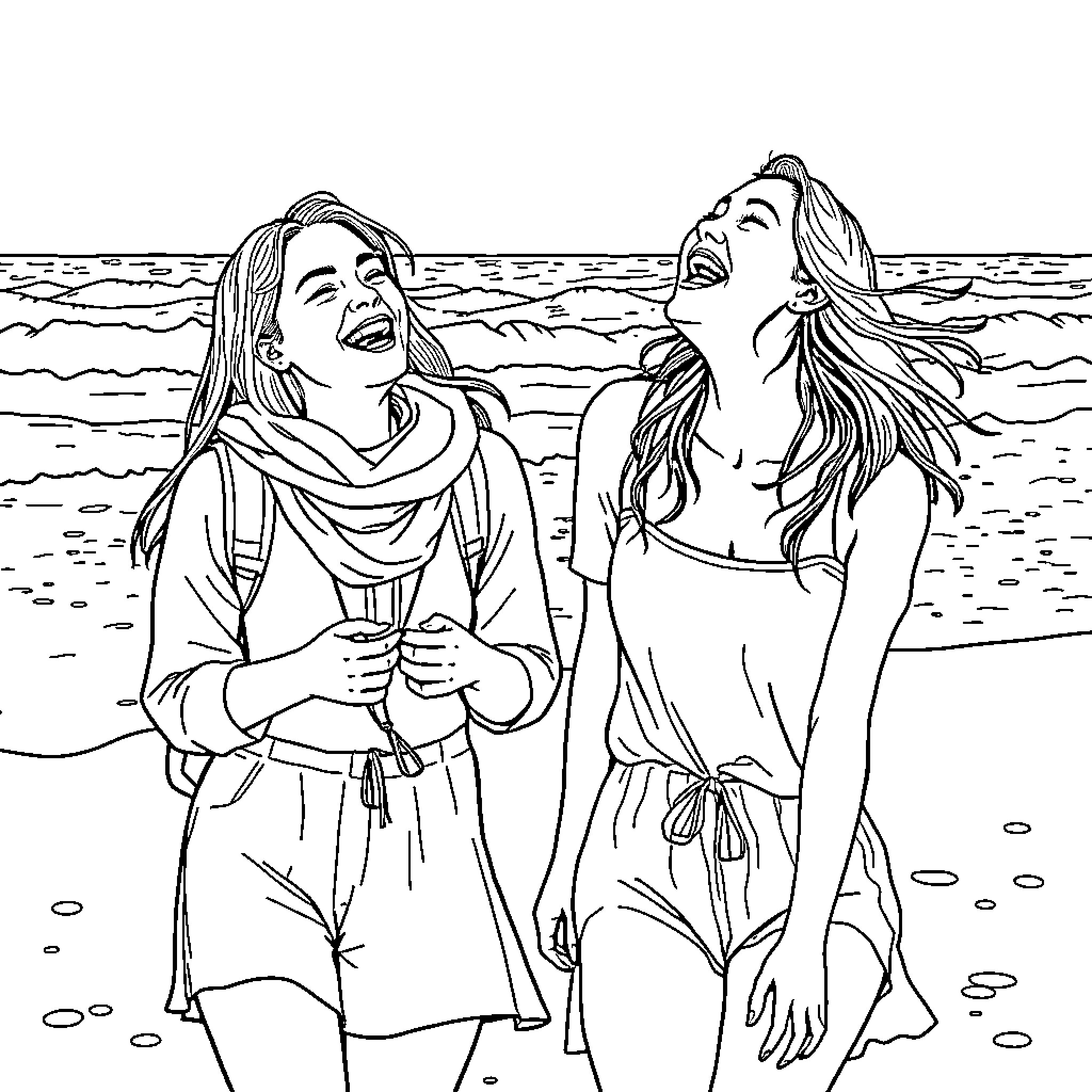 Students enjoying a day at the beach Coloring Page (free black-and-white line drawing printable PDF for all, from beginners to advanced learners, including children, teens, adults, and seniors)