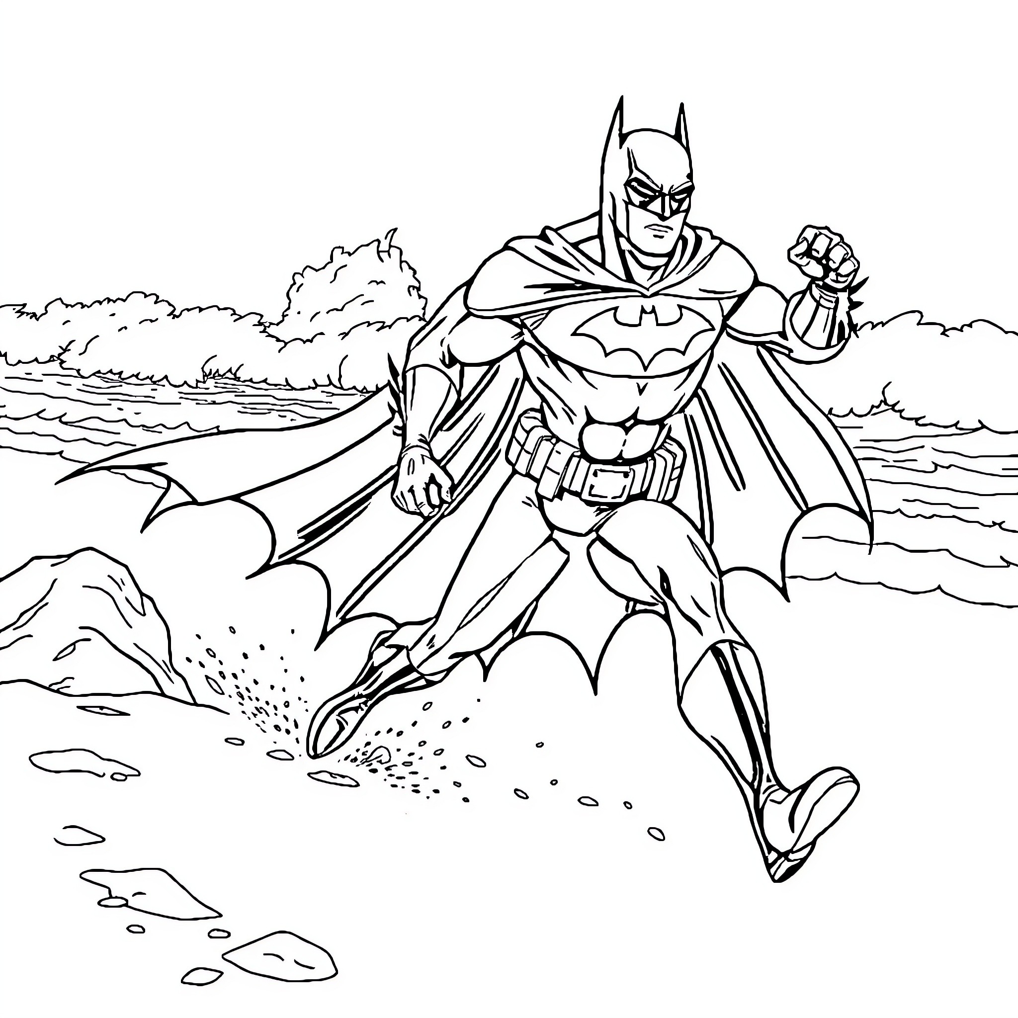 Batman taking action in a rugged outdoor scene Coloring Page (free black-and-white line drawing printable PDF for all, from beginners to advanced learners, including children, teens, adults, and seniors)