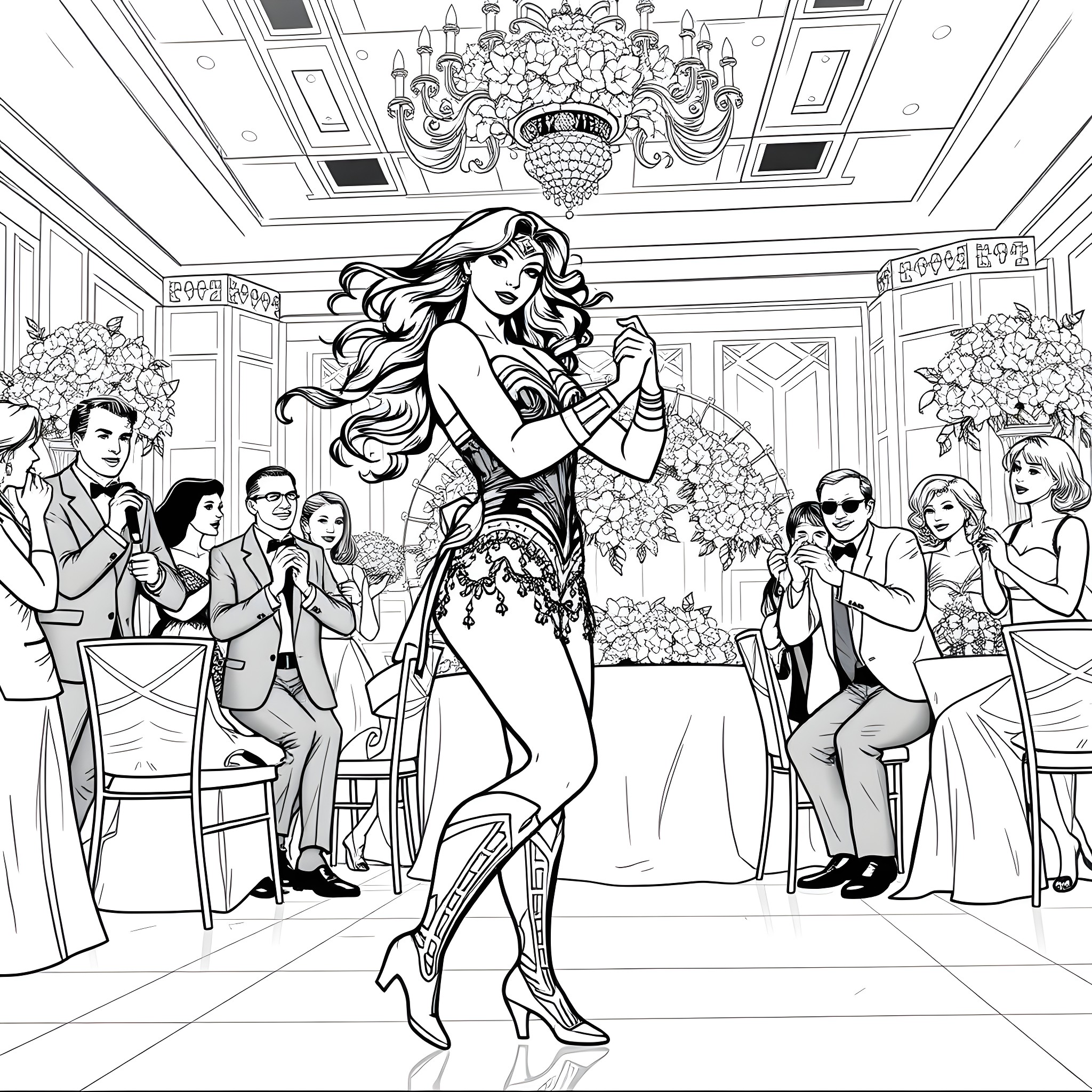 Wonder Woman Elegantly Commanding the Attention in a Glamorous Ballroom Coloring Page (free black-and-white line drawing printable PDF for all, from beginners to advanced learners, including children, teens, adults, and seniors)