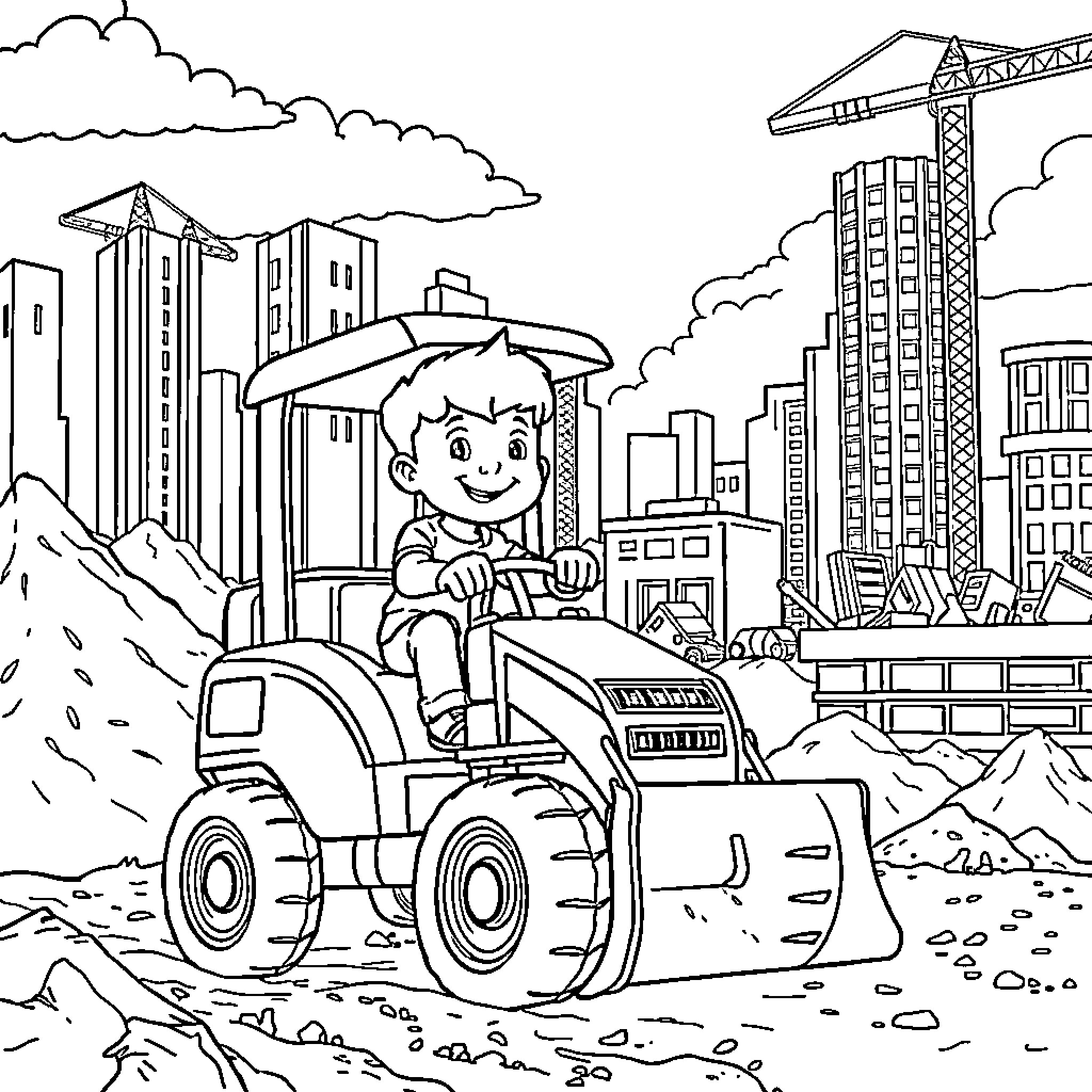 Boy operating construction vehicle in urban environment Coloring Page (free black-and-white line drawing printable PDF for all, from beginners to advanced learners, including children, teens, adults, and seniors)