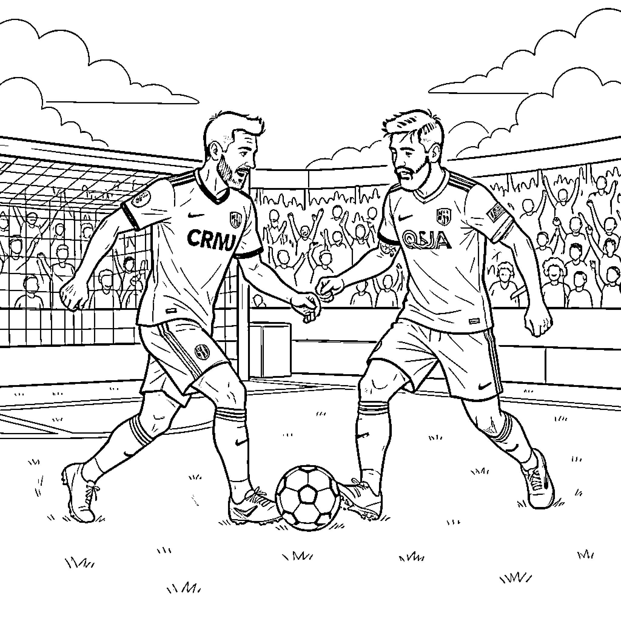 CR7 and Messi playing football on the field Coloring Page (free black-and-white line drawing printable PDF for all, from beginners to advanced learners, including children, teens, adults, and seniors)