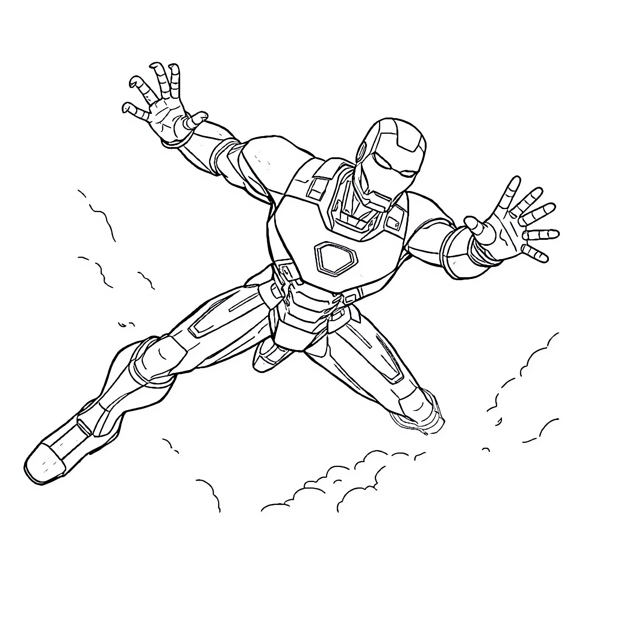 Iron Man soaring through the sky in action pose Coloring Page (free black-and-white line drawing printable PDF for all, from beginners to advanced learners, including children, teens, adults, and seniors)