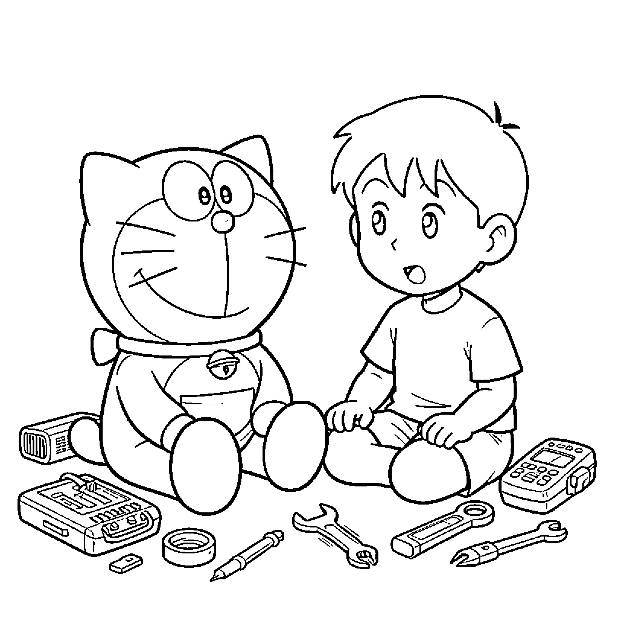 Doraemon and a boy sitting among various tools Coloring Page (free black-and-white line drawing printable PDF for all, from beginners to advanced learners, including children, teens, adults, and seniors)