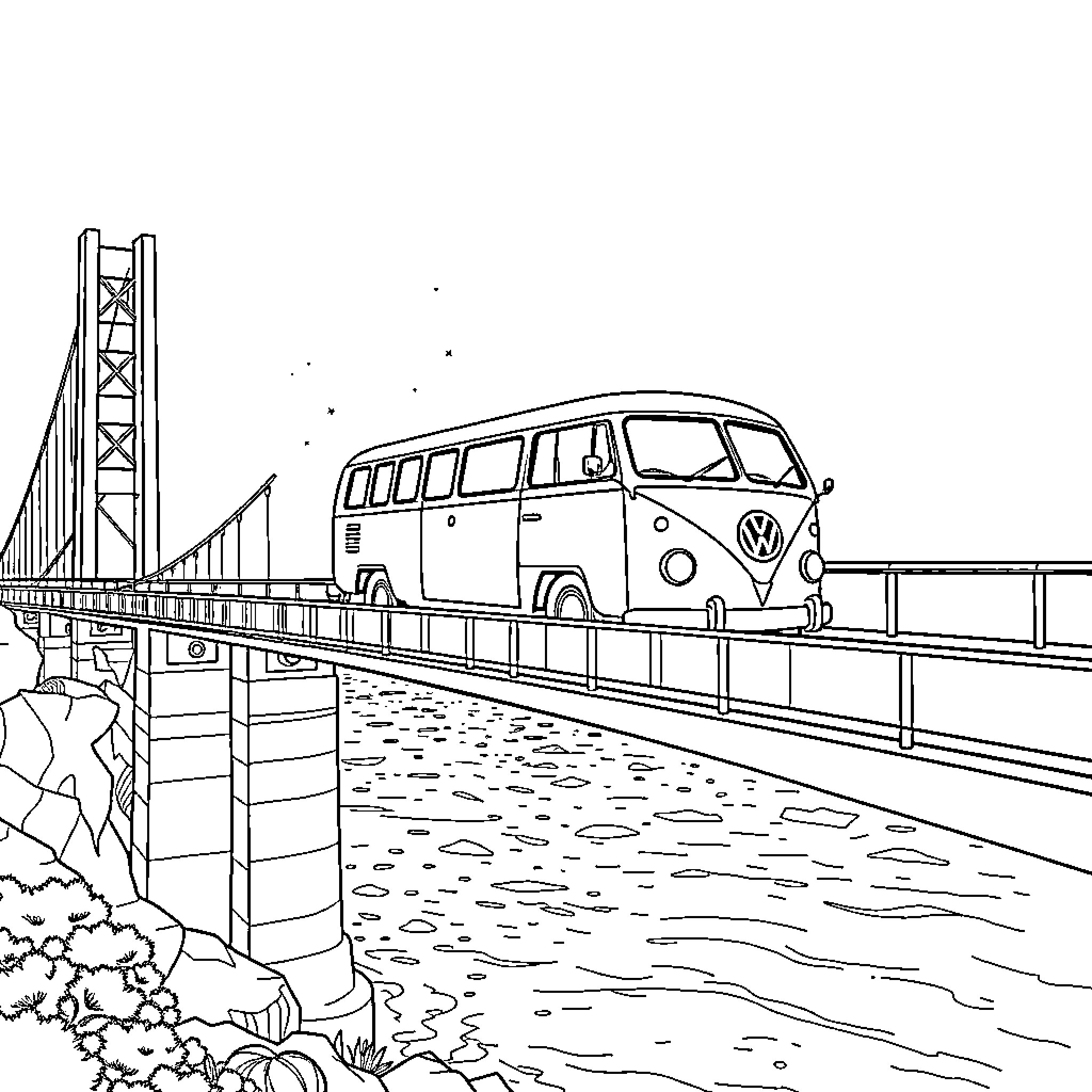 VW Bus crossing iconic suspension bridge Coloring Page (free black-and-white line drawing printable PDF for all, from beginners to advanced learners, including children, teens, adults, and seniors)