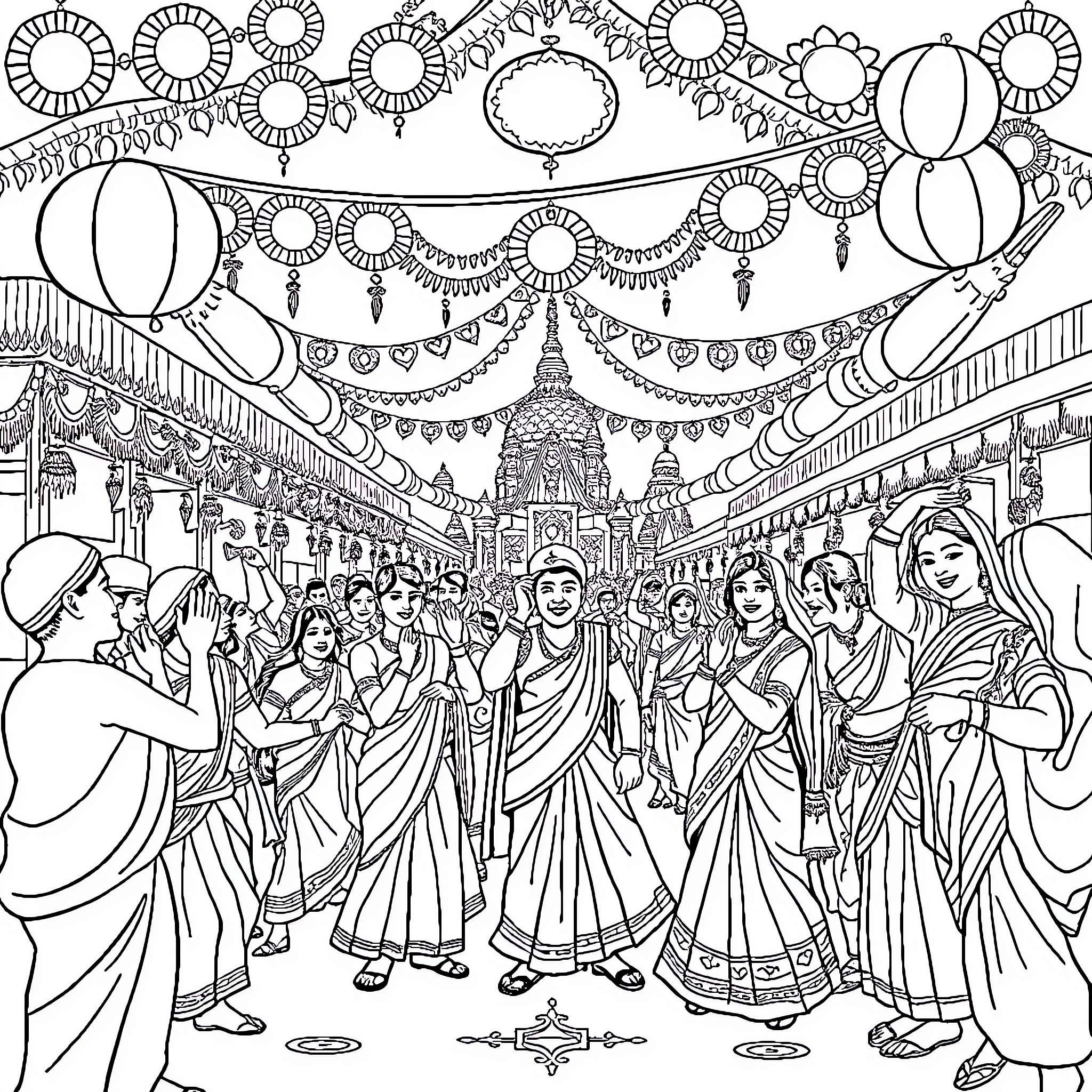 Festival Celebration with Vibrant Decorations and Joyful Crowds Coloring Page (free black-and-white line drawing printable PDF for all, from beginners to advanced learners, including children, teens, adults, and seniors)