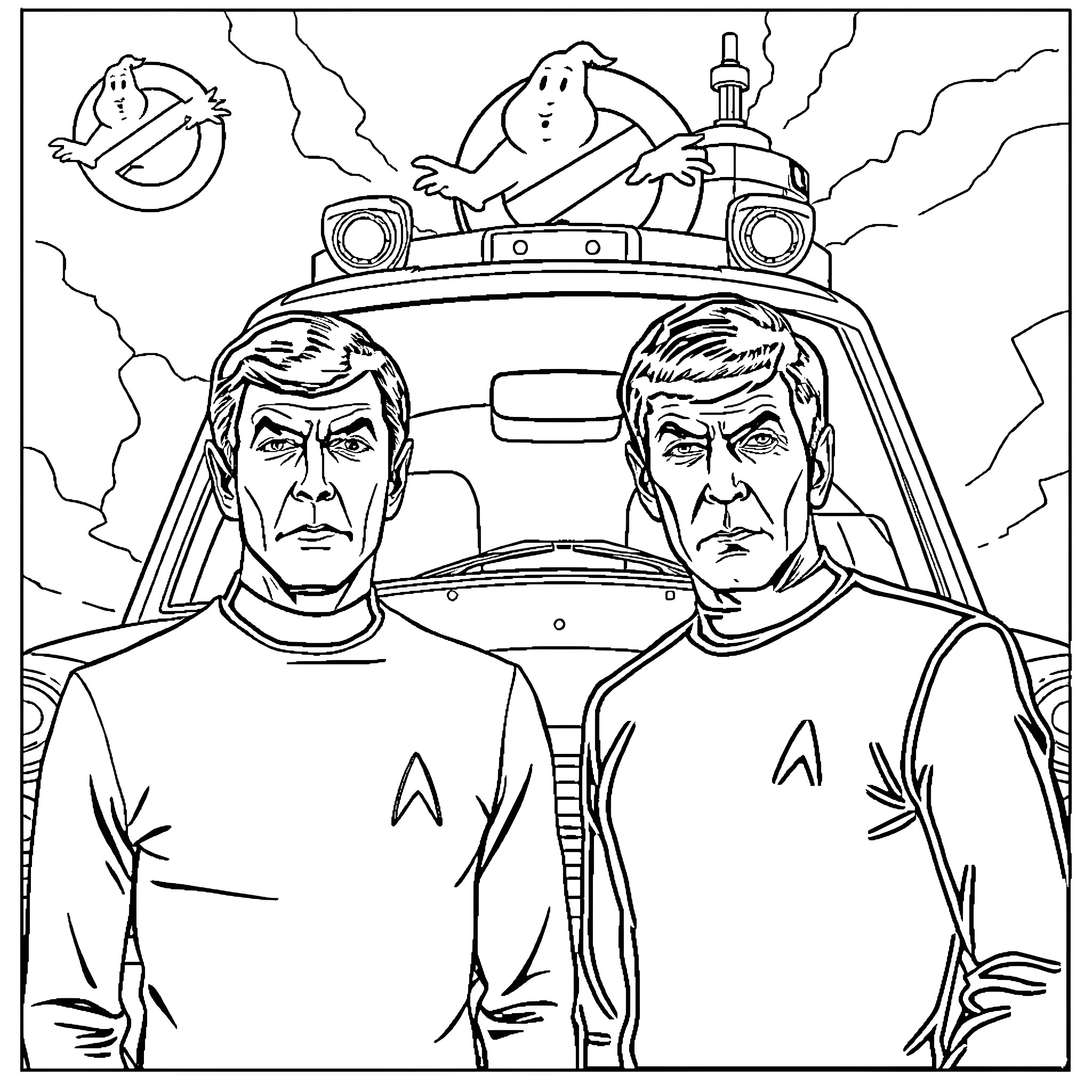 Captain Kirk and Spock on a space adventure Coloring Page (free black-and-white line drawing printable PDF for all, from beginners to advanced learners, including children, teens, adults, and seniors)