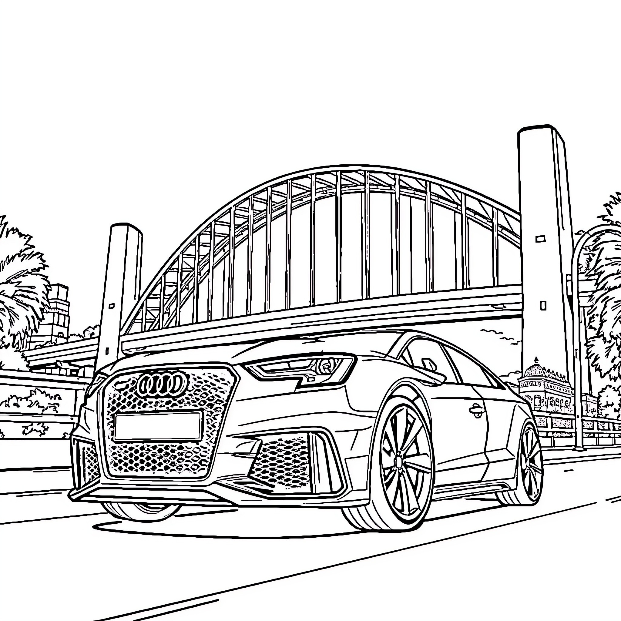 Audi sports car drives by urban bridge Coloring Page (free black-and-white line drawing printable PDF for all, from beginners to advanced learners, including children, teens, adults, and seniors)