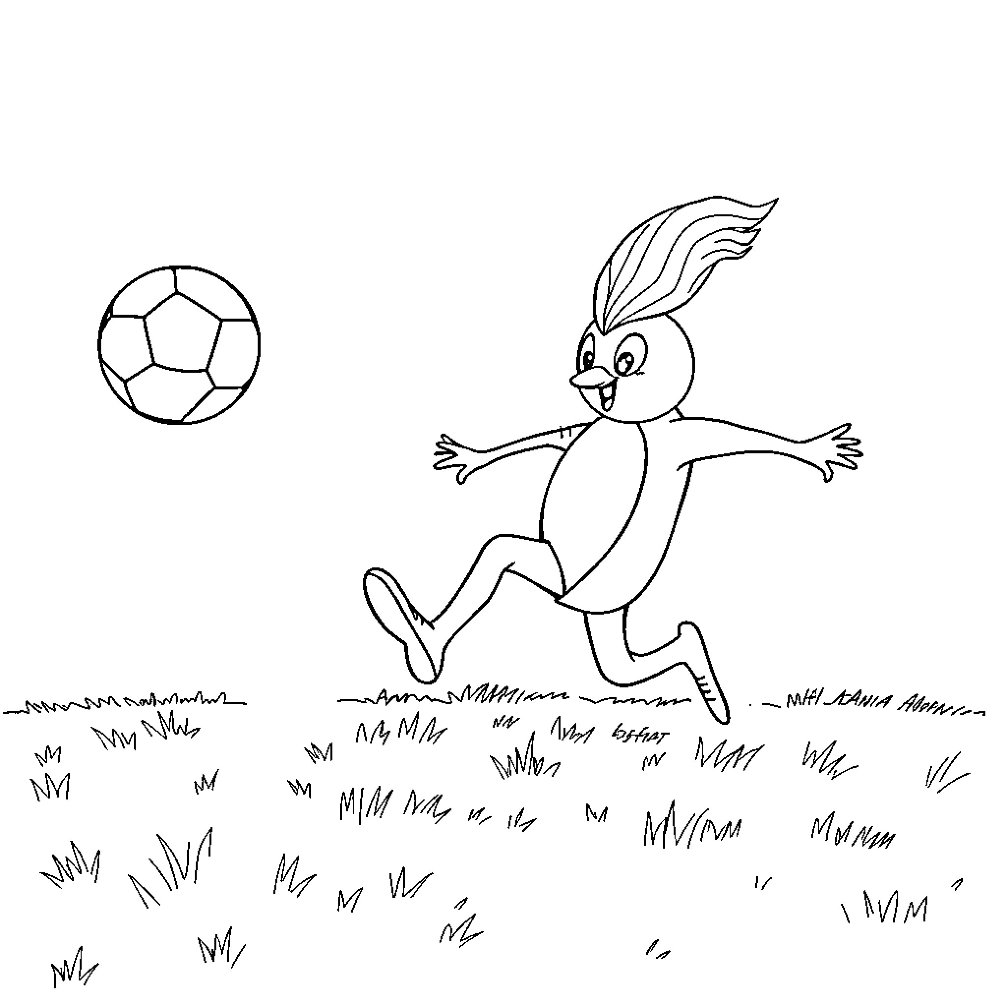 Tun Tun Tun Rabbit chasing soccer ball on grassy field Coloring Page (free black-and-white line drawing printable PDF for all, from beginners to advanced learners, including children, teens, adults, and seniors)