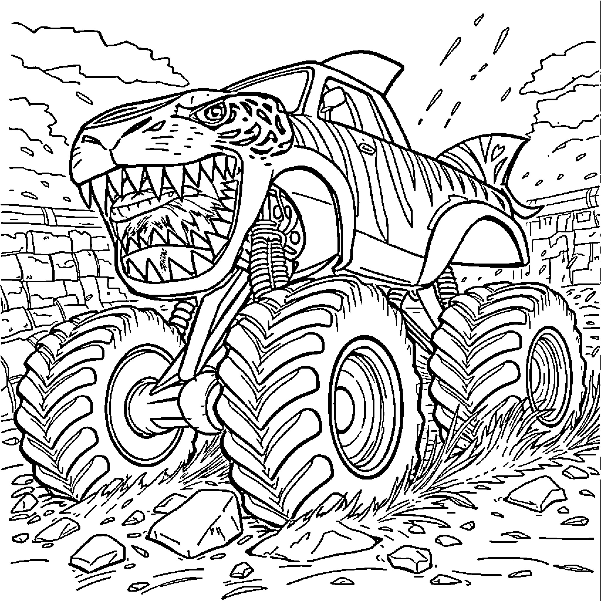 Tiger Shark Monster Truck Crushing Rocks Coloring Page (free black-and-white line drawing printable PDF for all, from beginners to advanced learners, including children, teens, adults, and seniors)