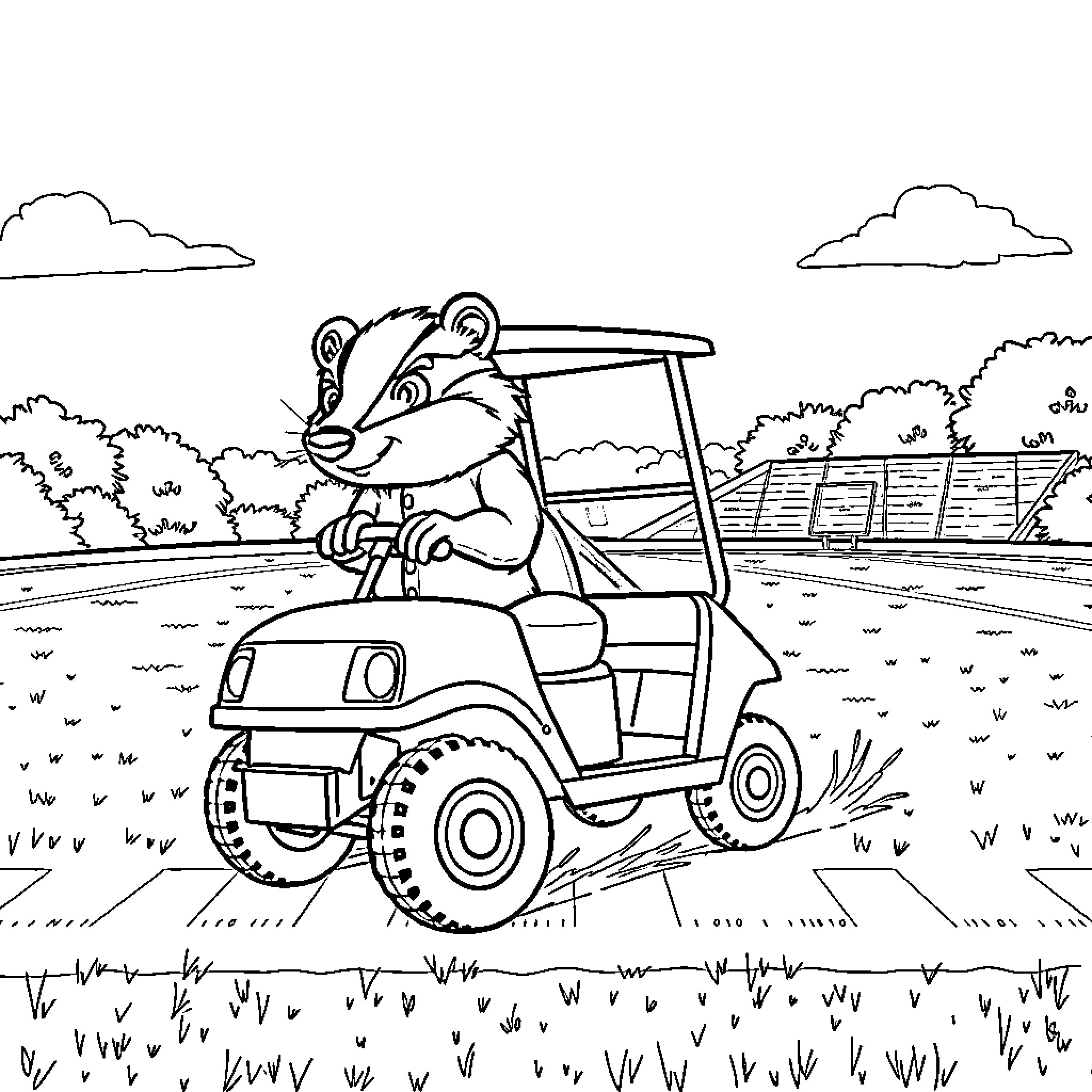 Badger driving golf cart on the course Coloring Page (free black-and-white line drawing printable PDF for all, from beginners to advanced learners, including children, teens, adults, and seniors)