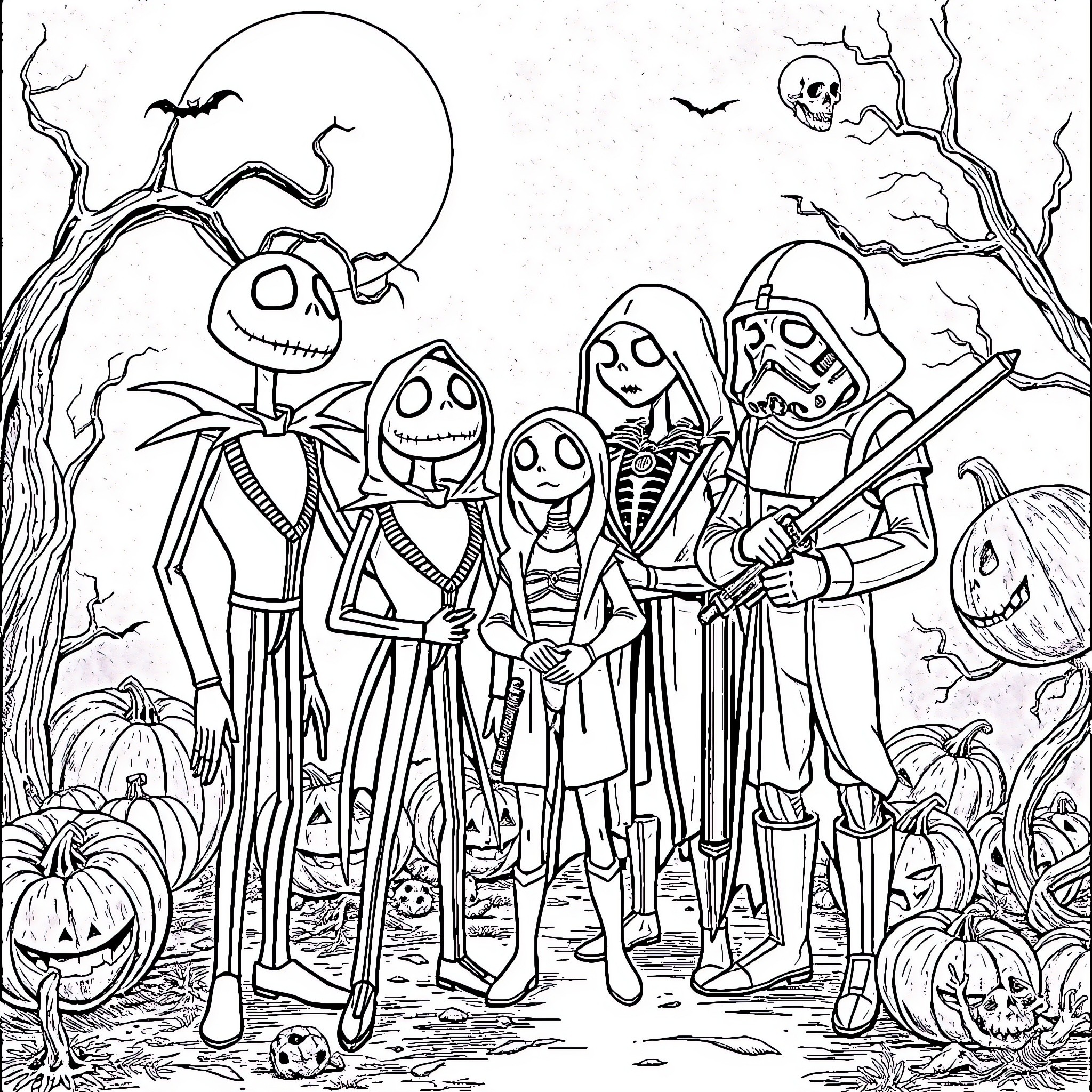 Nightmare Before Christmas: Characters in Spooky Costumes Coloring Page (free black-and-white line drawing printable PDF for all, from beginners to advanced learners, including children, teens, adults, and seniors)