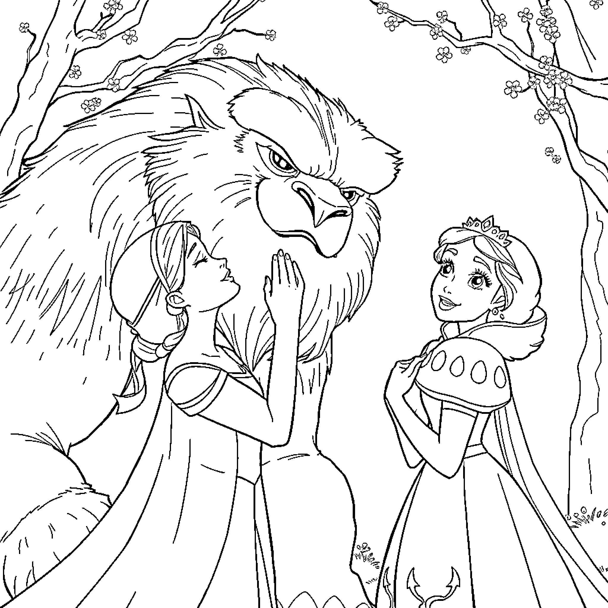 Elsa's Magical Encounter with an Enchanted Creature Coloring Page (free black-and-white line drawing printable PDF for all, from beginners to advanced learners, including children, teens, adults, and seniors)