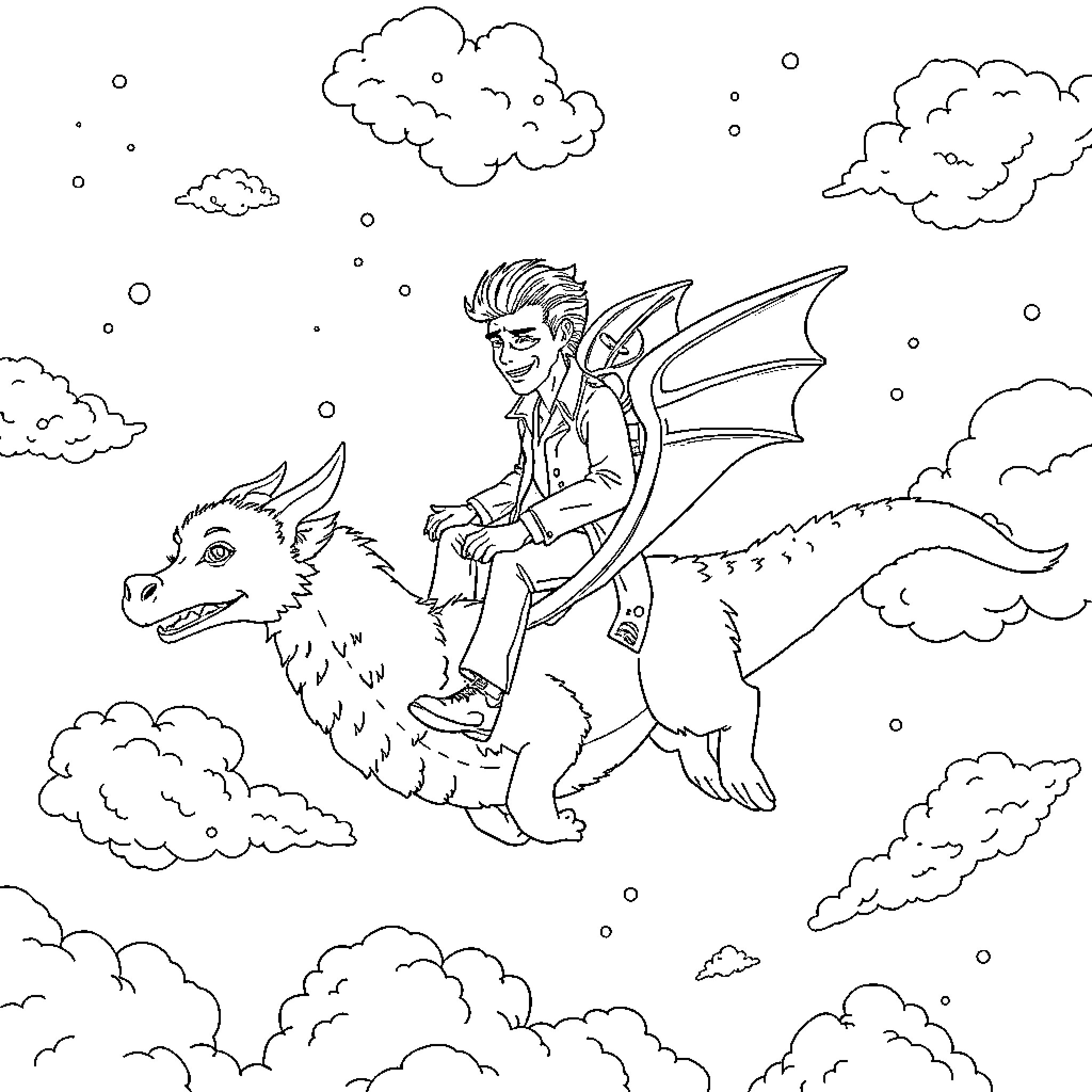 Falcor's Aerial Adventure with Winged Friend Coloring Page (free black-and-white line drawing printable PDF for all, from beginners to advanced learners, including children, teens, adults, and seniors)