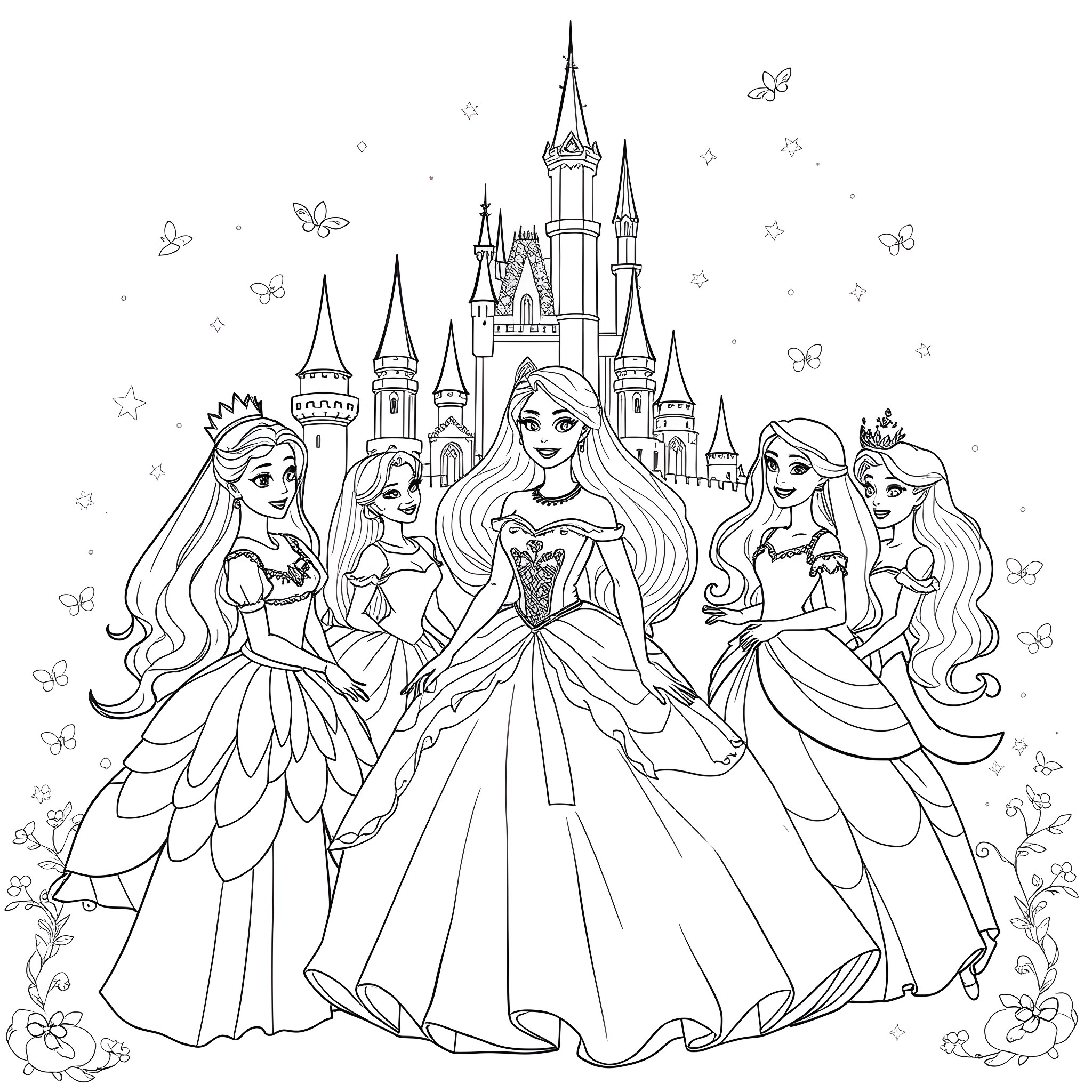Barbie and her friends in a magical castle scene Coloring Page (free black-and-white line drawing printable PDF for all, from beginners to advanced learners, including children, teens, adults, and seniors)
