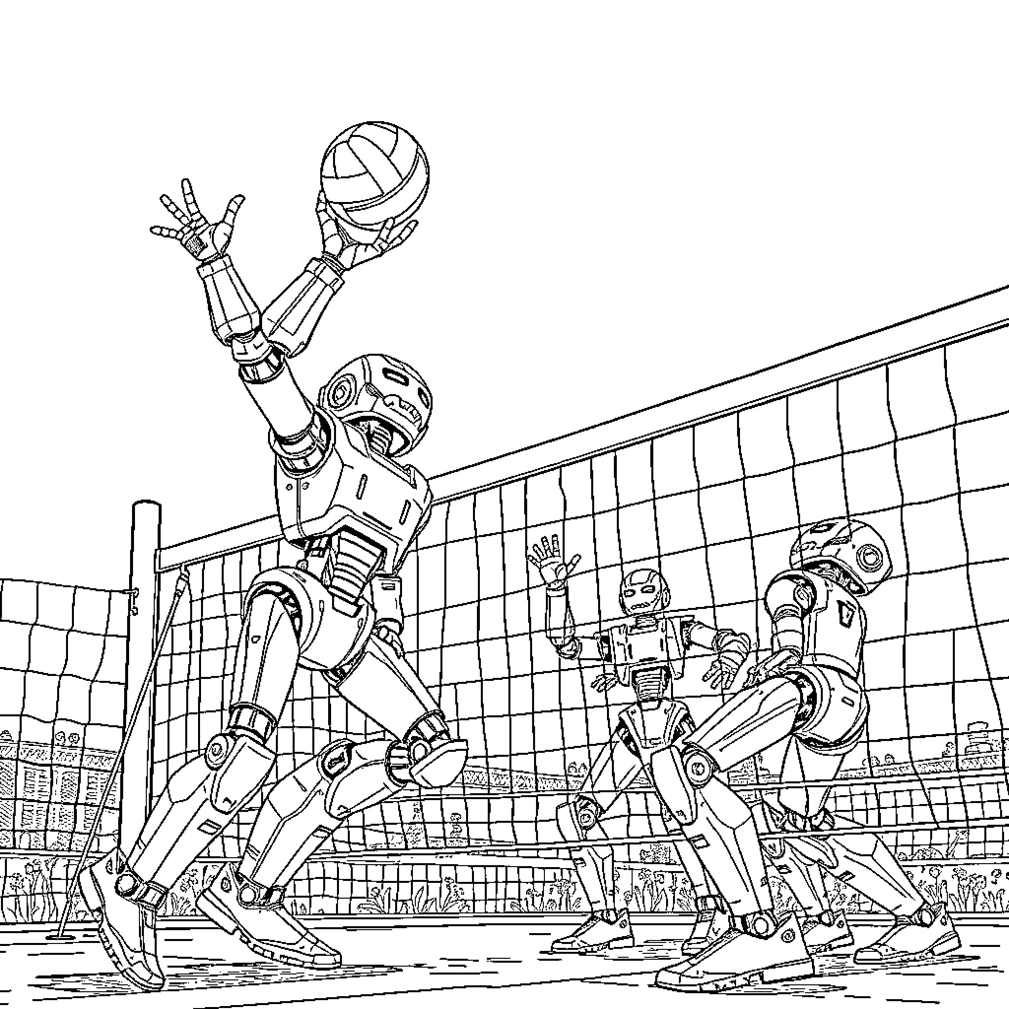 Robot Volleyball Players in a Game Coloring Page (free black-and-white line drawing printable PDF for all, from beginners to advanced learners, including children, teens, adults, and seniors)
