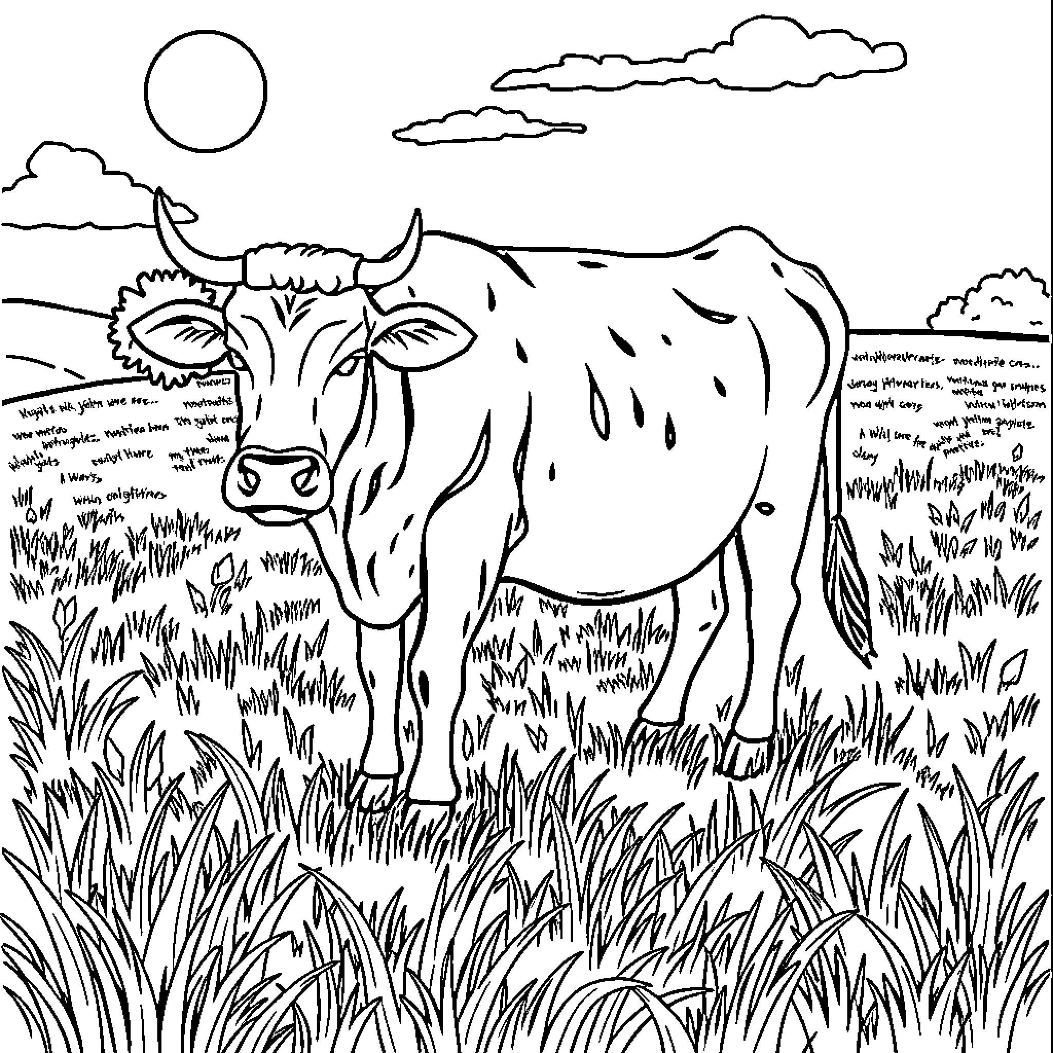 Cow standing in grassy field under cloudy sky Coloring Page (free black-and-white line drawing printable PDF for all, from beginners to advanced learners, including children, teens, adults, and seniors)
