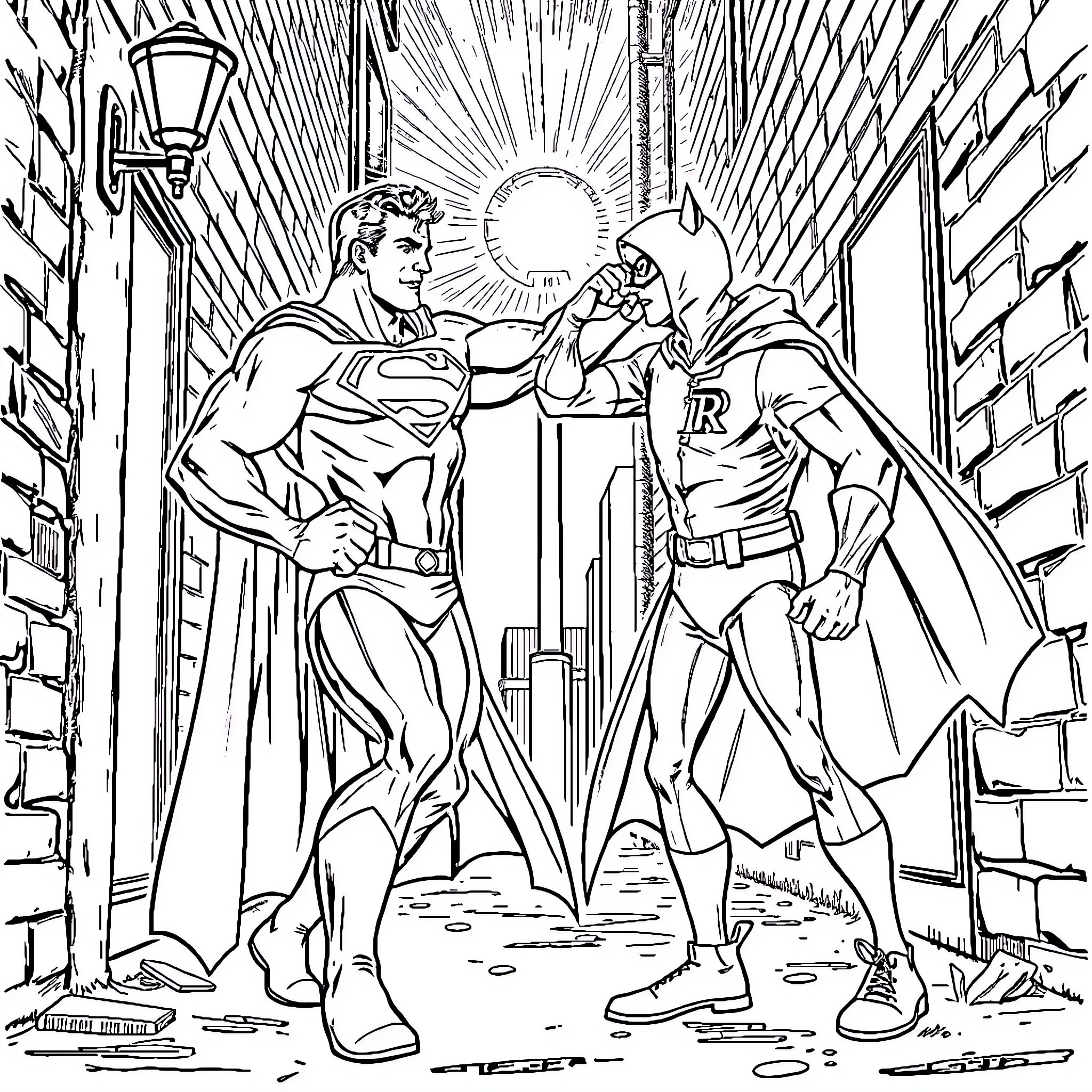 Superman heroically confronts another superhero in an alley Coloring Page (free black-and-white line drawing printable PDF for all, from beginners to advanced learners, including children, teens, adults, and seniors)