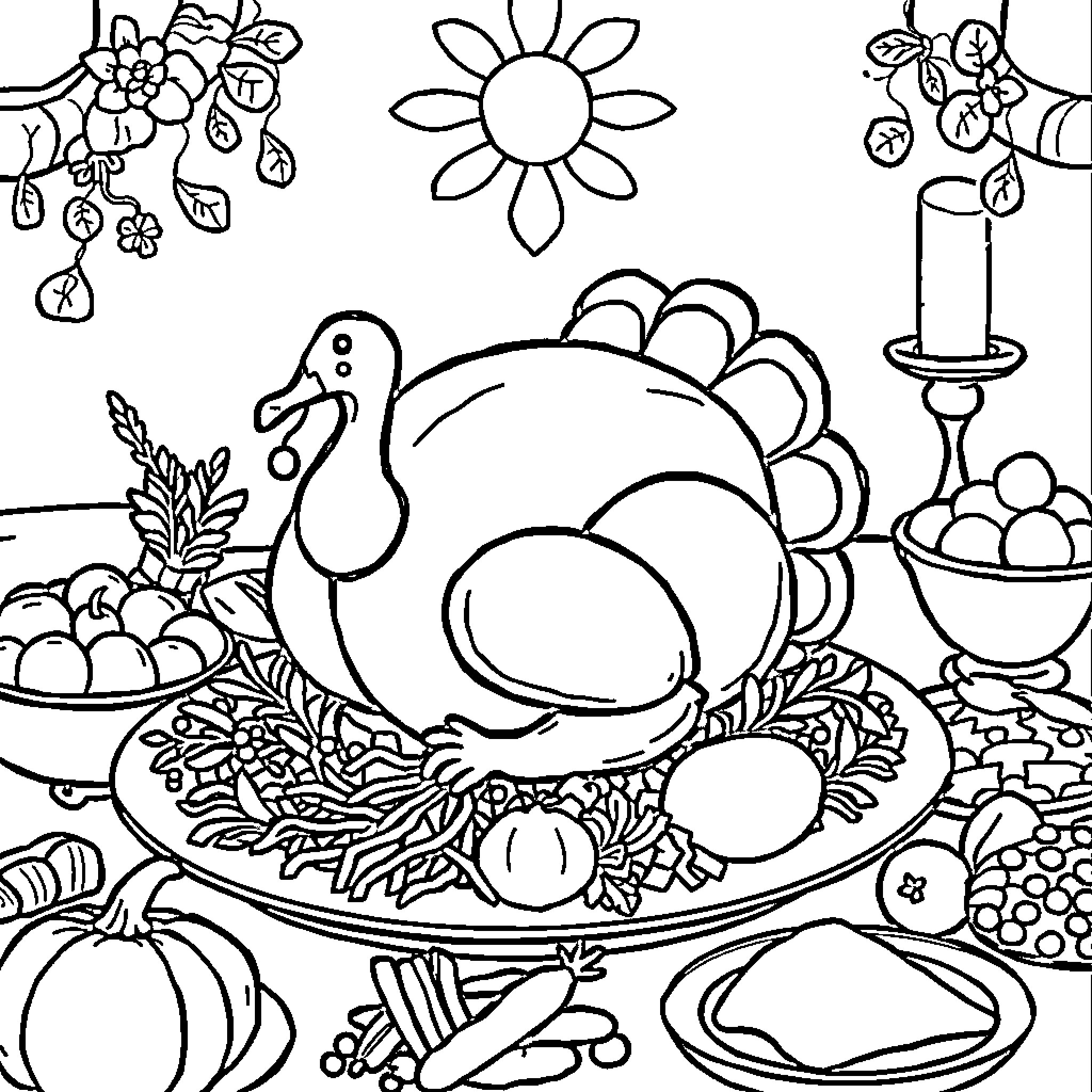 Turkey surrounded by autumn harvest on table Coloring Page (free black-and-white line drawing printable PDF for all, from beginners to advanced learners, including children, teens, adults, and seniors)