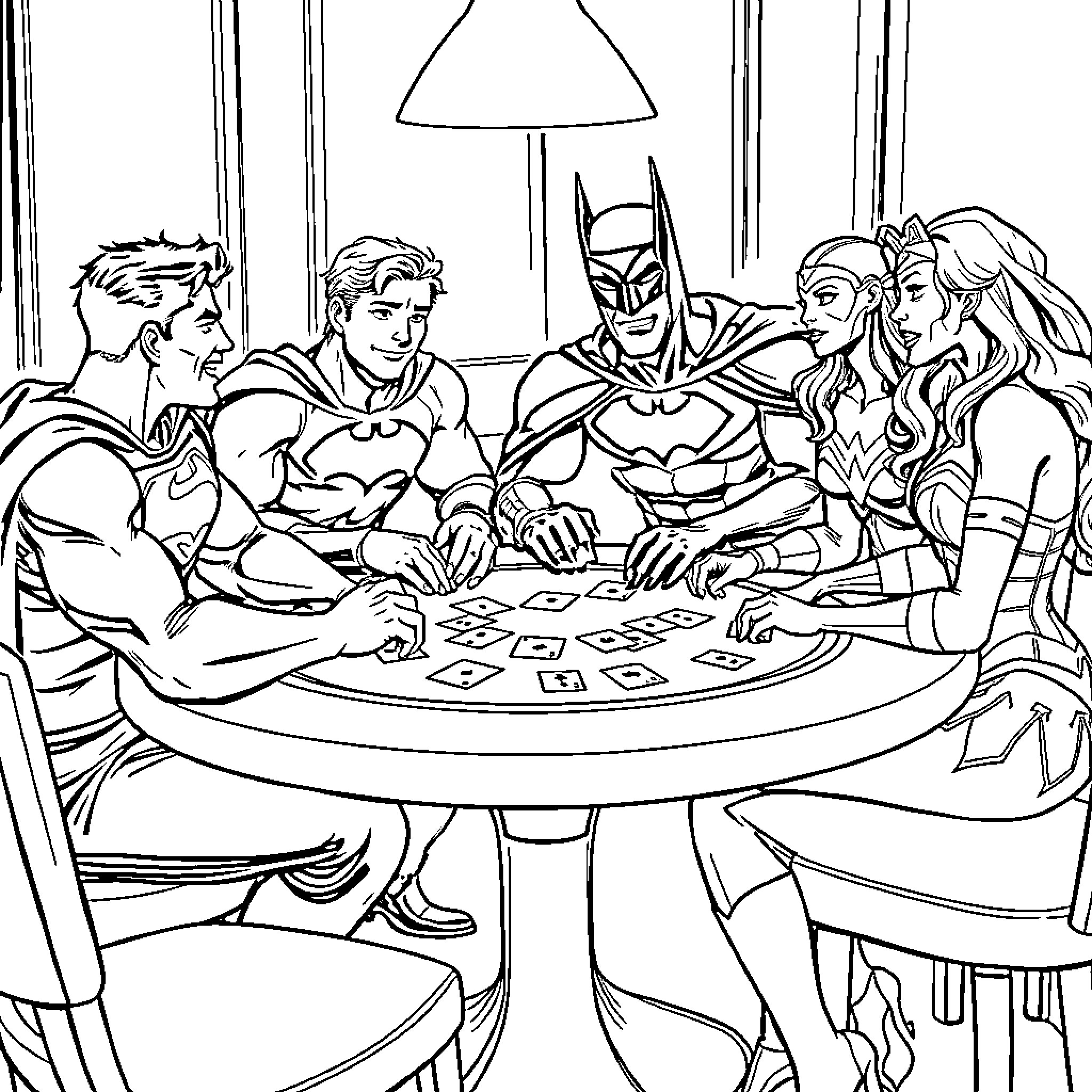 Superhero characters enjoying a game night together Coloring Page (free black-and-white line drawing printable PDF for all, from beginners to advanced learners, including children, teens, adults, and seniors)