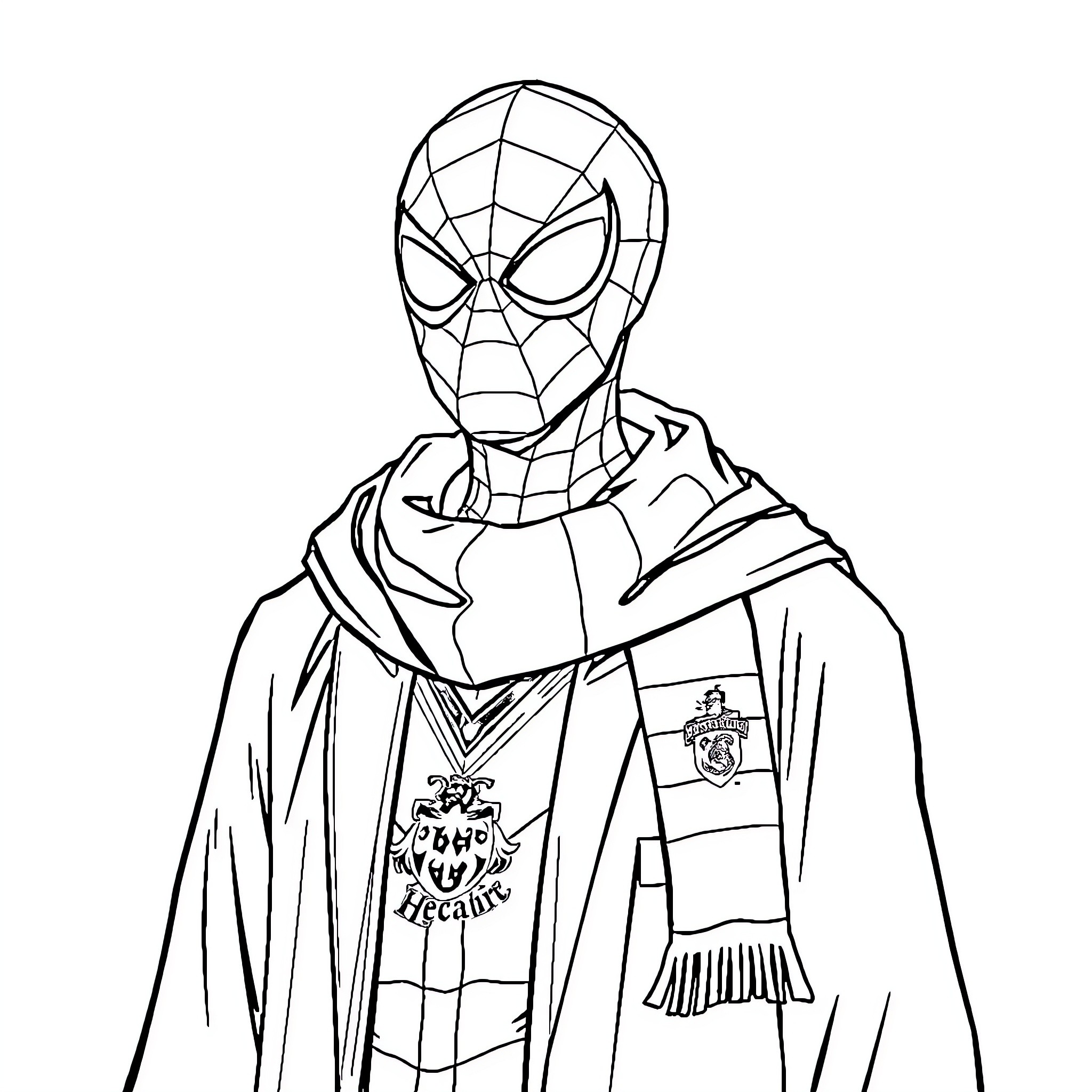 Spider-Man in Hero Outfit with Scarf Coloring Page (free black-and-white line drawing printable PDF for all, from beginners to advanced learners, including children, teens, adults, and seniors)