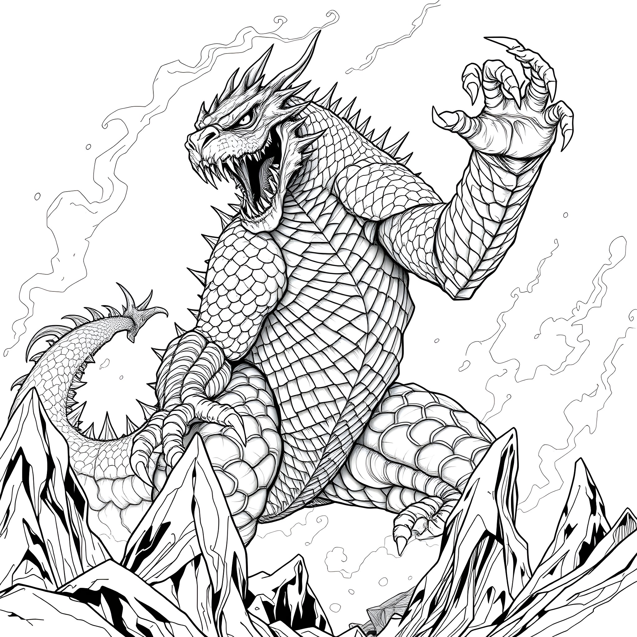Monster Dragon Roaring Fiercely in the Mountains Coloring Page (free black-and-white line drawing printable PDF for all, from beginners to advanced learners, including children, teens, adults, and seniors)