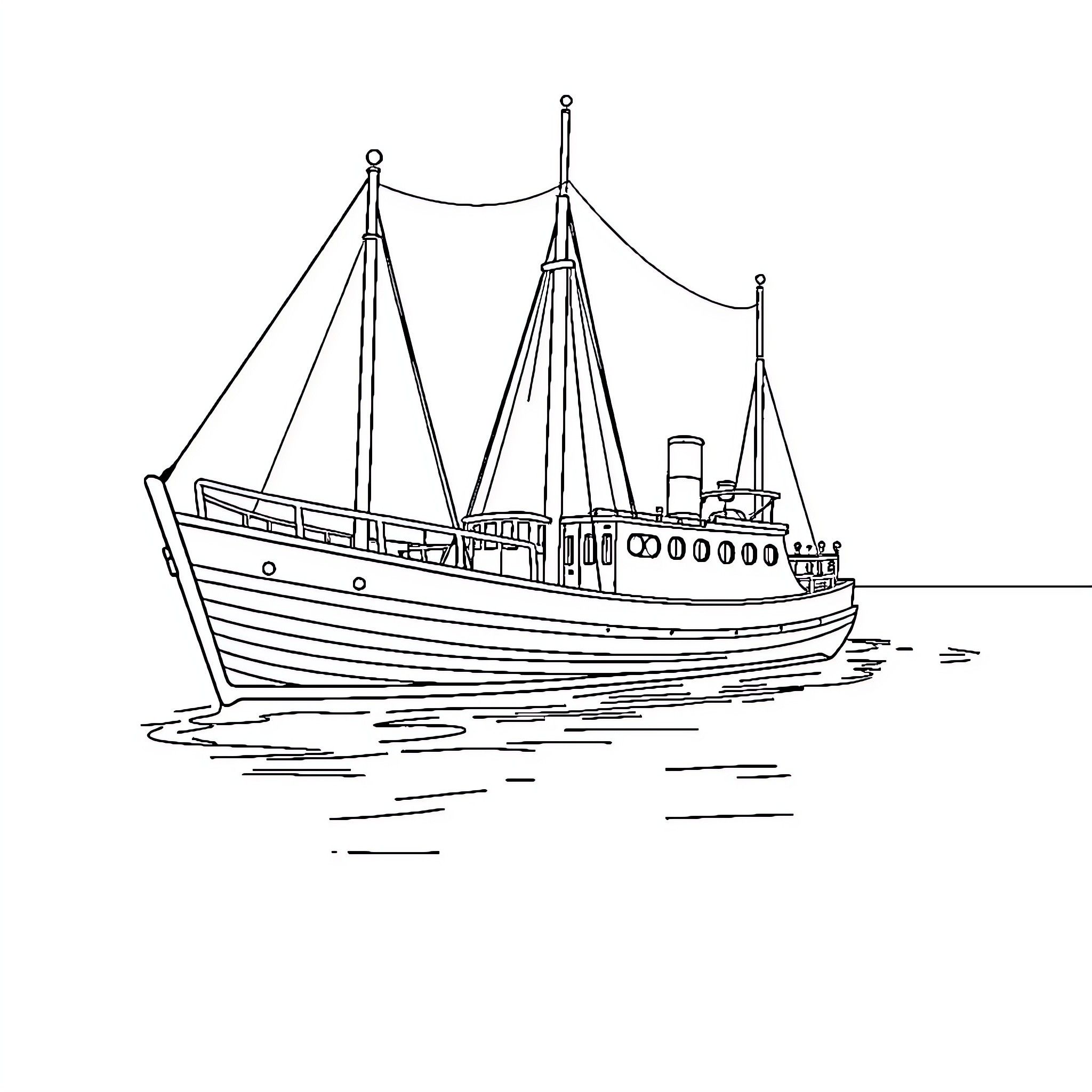 Ship sailing on the water Coloring Page (free black-and-white line drawing printable PDF for all, from beginners to advanced learners, including children, teens, adults, and seniors)