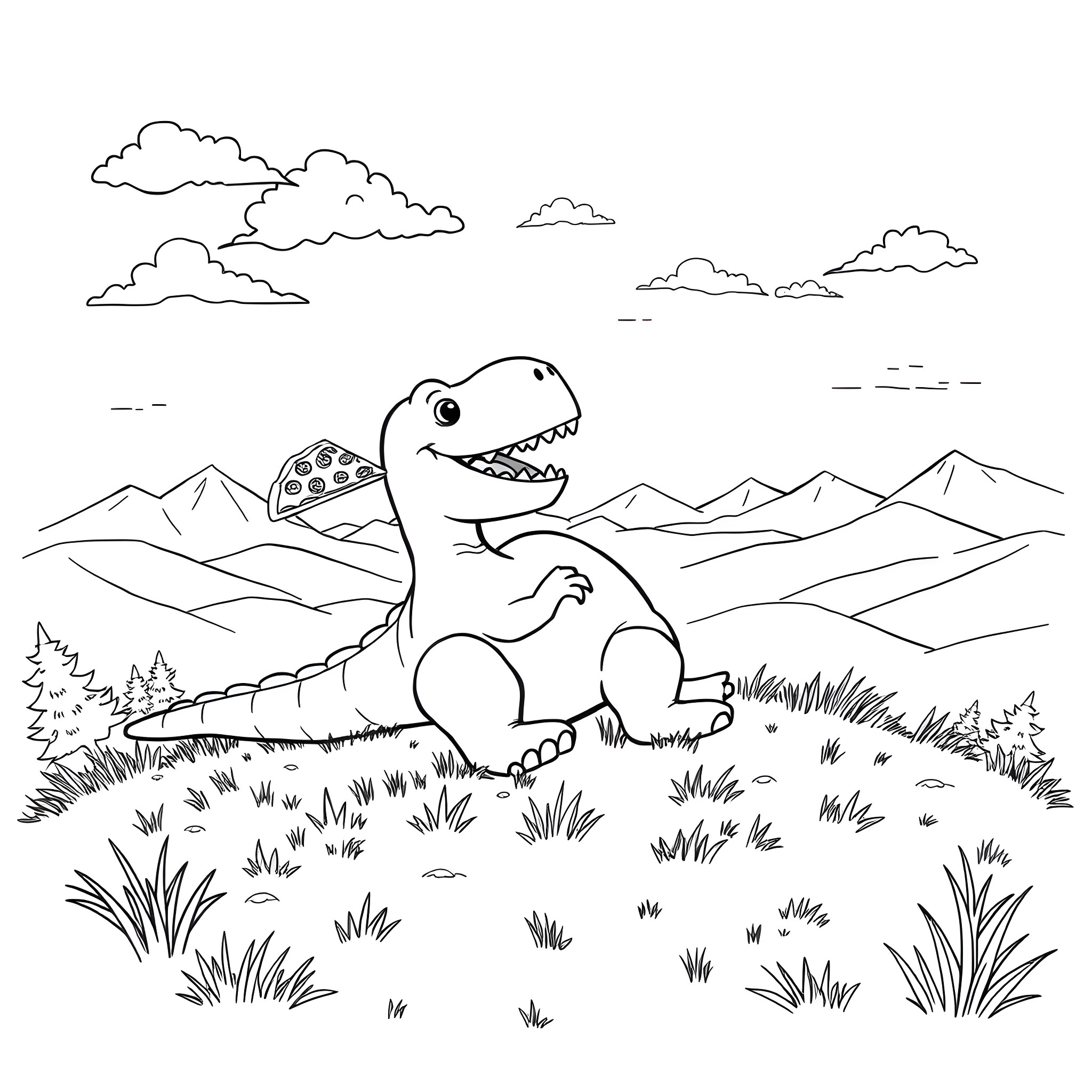 Dinosaur in a beautiful nature landscape Coloring Page (free black-and-white line drawing printable PDF for all, from beginners to advanced learners, including children, teens, adults, and seniors)