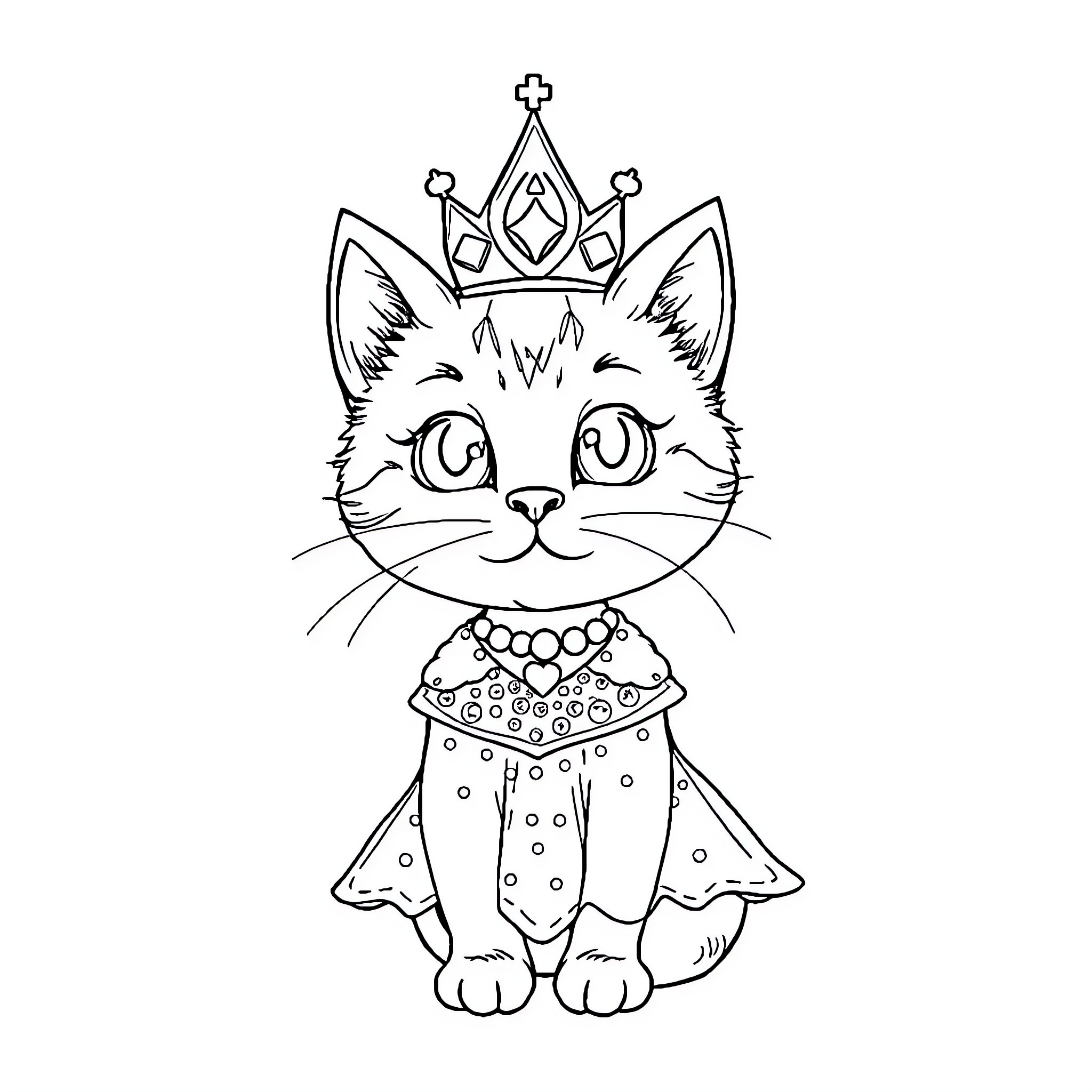 Princess Cat dressed in a royal outfit Coloring Page (free black-and-white line drawing printable PDF for all, from beginners to advanced learners, including children, teens, adults, and seniors)